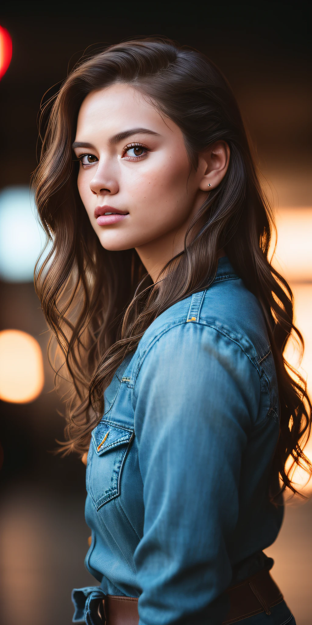 Full face portrait photo of 25 year old European girl, RAW, beautiful woman, semi-open strawberry lip, dimples, wistful expression, (brown hair with extra long wavy), ((detailed face)), ((detailed facial features)), (fine detailed skin), pale skin, cyberpunk megacity environment, (cool color), moist, damp, reflection, (masterpieceShot with Canon EOS R5 (detail) (Realistic photos) (Detailed details) 50mm lens, f/2.8, HDR, (8k) (wallpaper) (cinematic lighting) (dramatic lighting) (sharp focus) (complex), RAW photography, RAW photography, gigachad photography, camera pose, black jeans, back arm, 8k uhd, dslr, high quality, Grain Film, Fujifilm XT3, Film Stock Photo 4 Kodak Portra 400 Camera F1.6 Lens Rich colors Ultra-realistic textures Dramatic lighting Unreal Engine Art Station Trends Cinestill 800 Tungsten, Toughboy Style, Ultra Focus Face, Intimidating, Fighting Position, Short Messy Hair, Muscles, Bursting Veins, Beads
