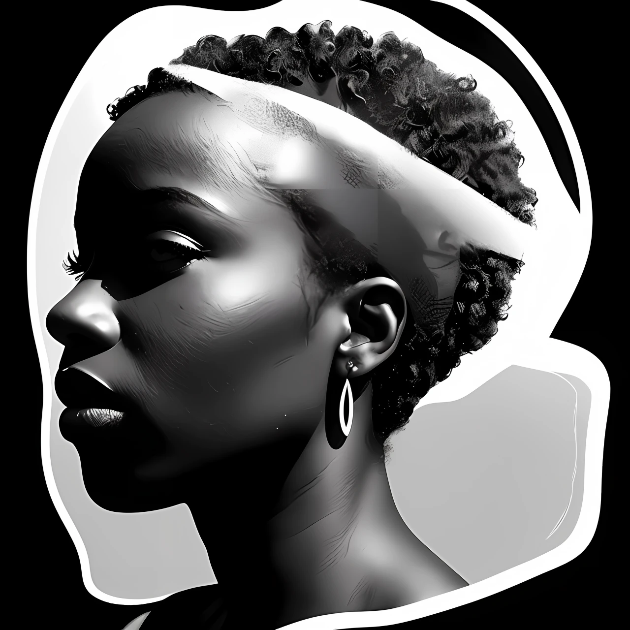 Sticker, black and white, Double exposure profile of a black woman made of an African landscape, white background