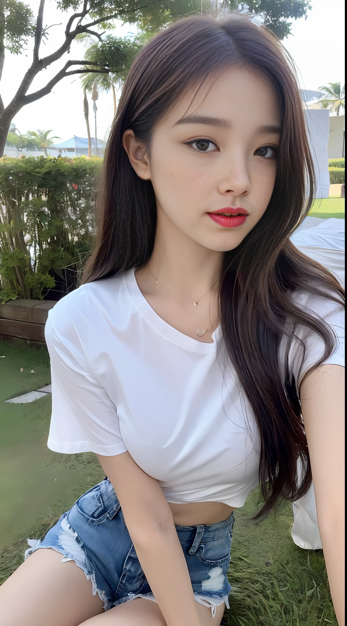 ((Best Quality, 8K, Masterpiece: 1.3)), Focus: 1.2, Perfect Body Beauty: 1.4, Buttocks: 1.2, Peach Lip Stain, Long Smooth Hair ((Layered Cut: 1.2,)), (Dark Street: 1.3), Highly Detailed Face and Skin Texture, Fine Eyes, Double Eyelids, Whitened Skin, Long Hair, (Round Face: 1.5), (White Ice Silk T-shirt, Shorts: 1.6) Outdoor, Lovers Island Resort, Grassy, Lying on Your Side