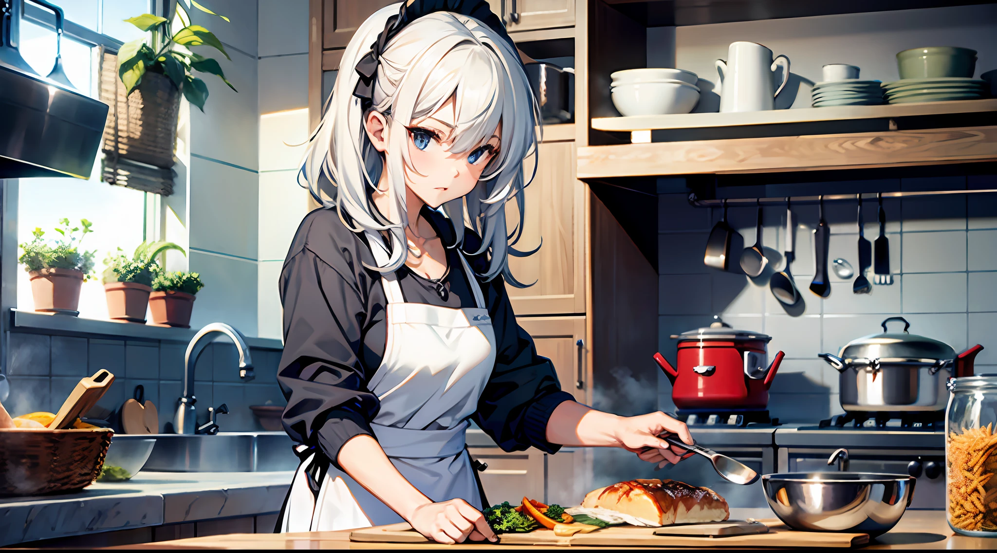 Masterpiece, best quality, girl, long white hair, cooking, kitchen, expression focused