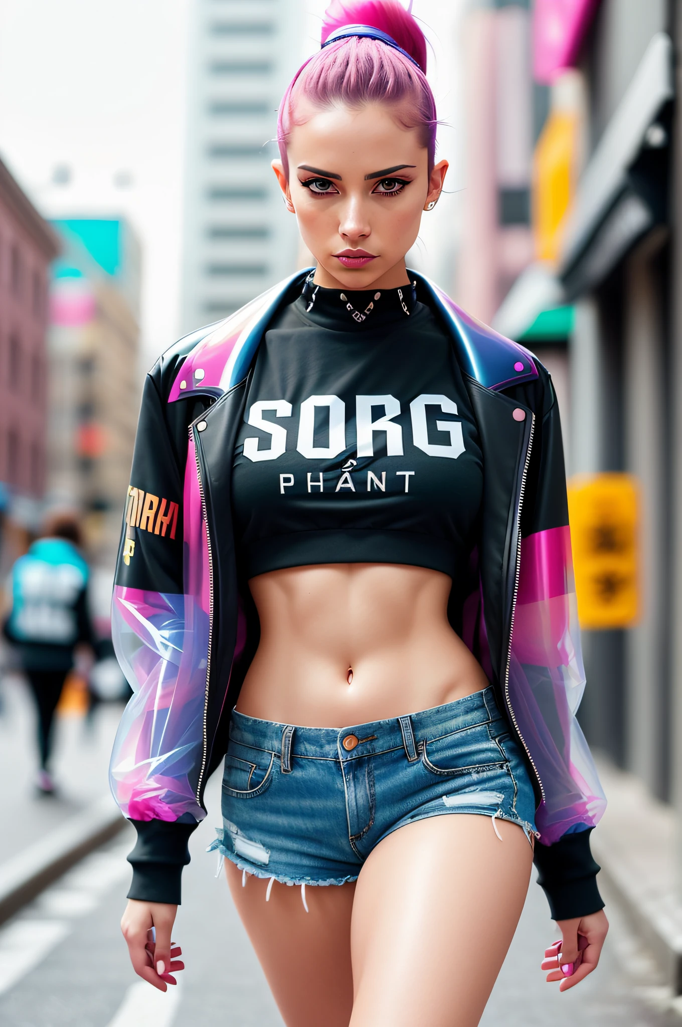 A beautiful young woman, street, ponytails, perfect hair, wearing a vivid jacket, crop top tshirt, (loose shorts), (wearing elegant detailed translucent (plastic [medical|scifi]), (walking towards the camera), (HDR:1.3), (muted colors:1.2), dramatic, complex background, city with graffiti, cinematic, filmic, (Artstation: 0.8), wet, torn toned body detailed, professional photoshop supermodel, shallow depth of field,  sharp focus, Bokeh, stret punk colors