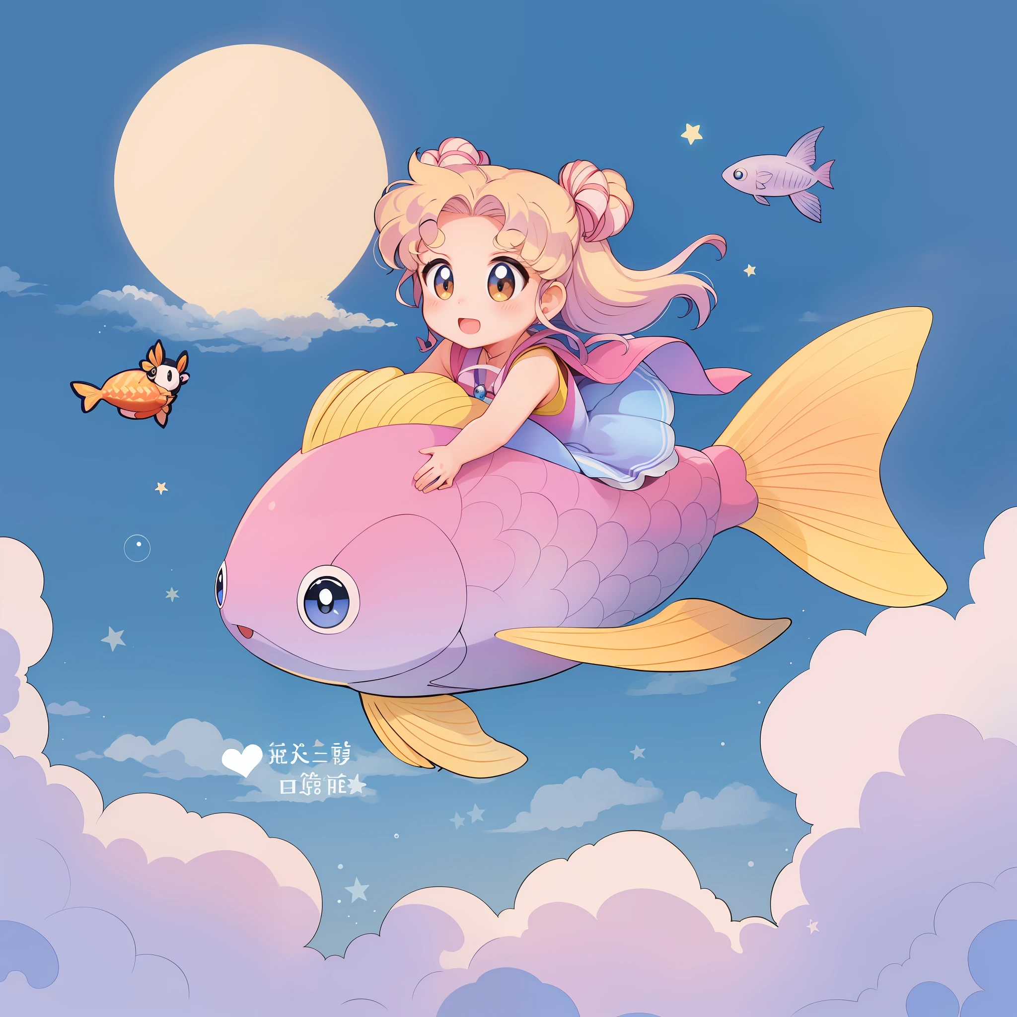 (children's painting style, Ghibli painting style) A girl rides a smart and cute fish, under the moonlight, over the sky, the background is a quiet starry sky, detailed characters and rudders, from the marin Beichuan of fangirl warriors.