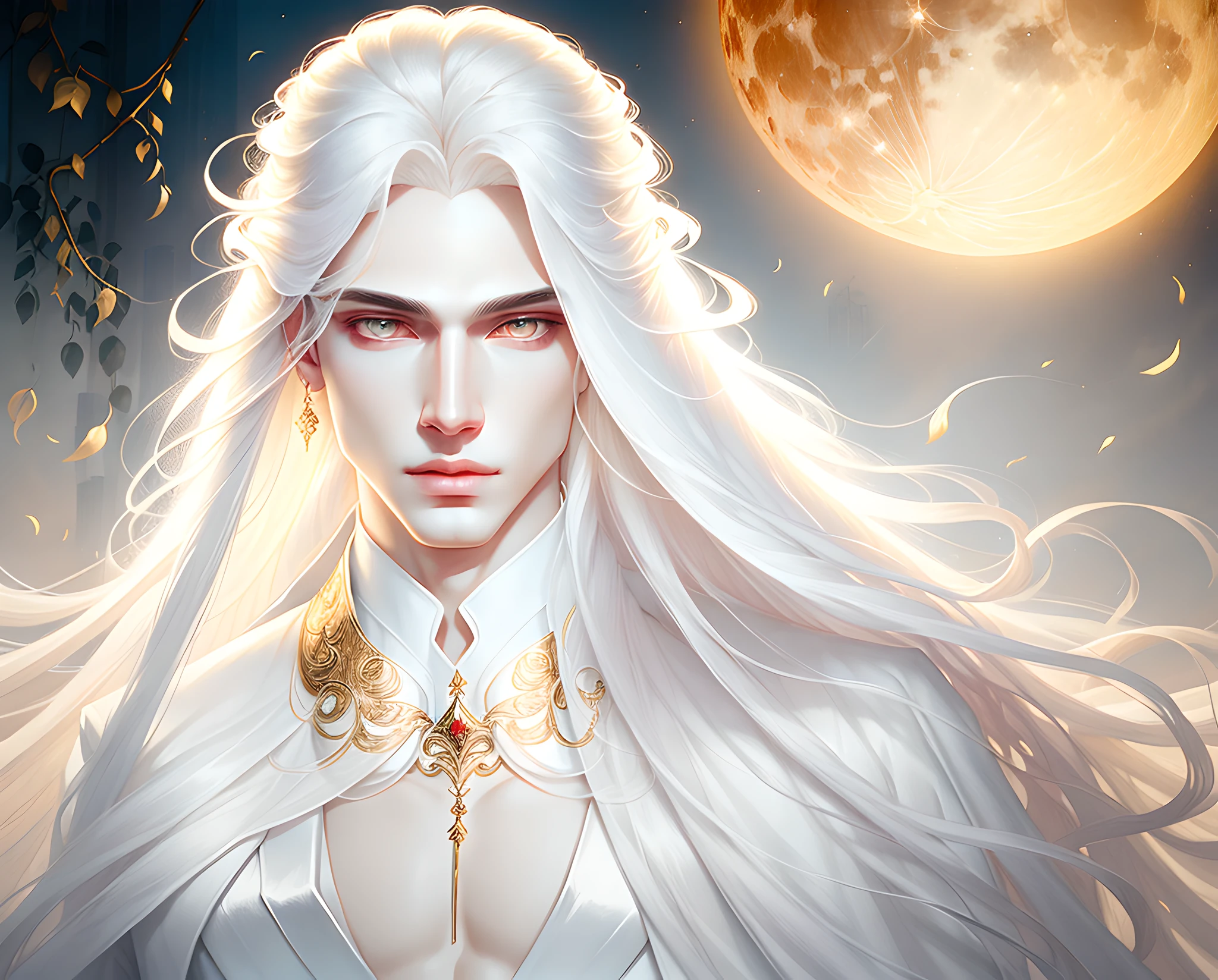 masterpiece, highest quality, (solo focus), (perfect face:1.1), (high detail:1.1),dramatic, (an alluring albino angel guy with long flowing pure white hair and piercing white eyes),1guy, (pale skin), long hair, white eyes, solo, long hair, moon, night, white luxury suit, covered navel, pouty lips, covered, futuristic city, detailed background, art by artgerm cinematic lighting, roses and vines, fashion, BalenciagaStyle