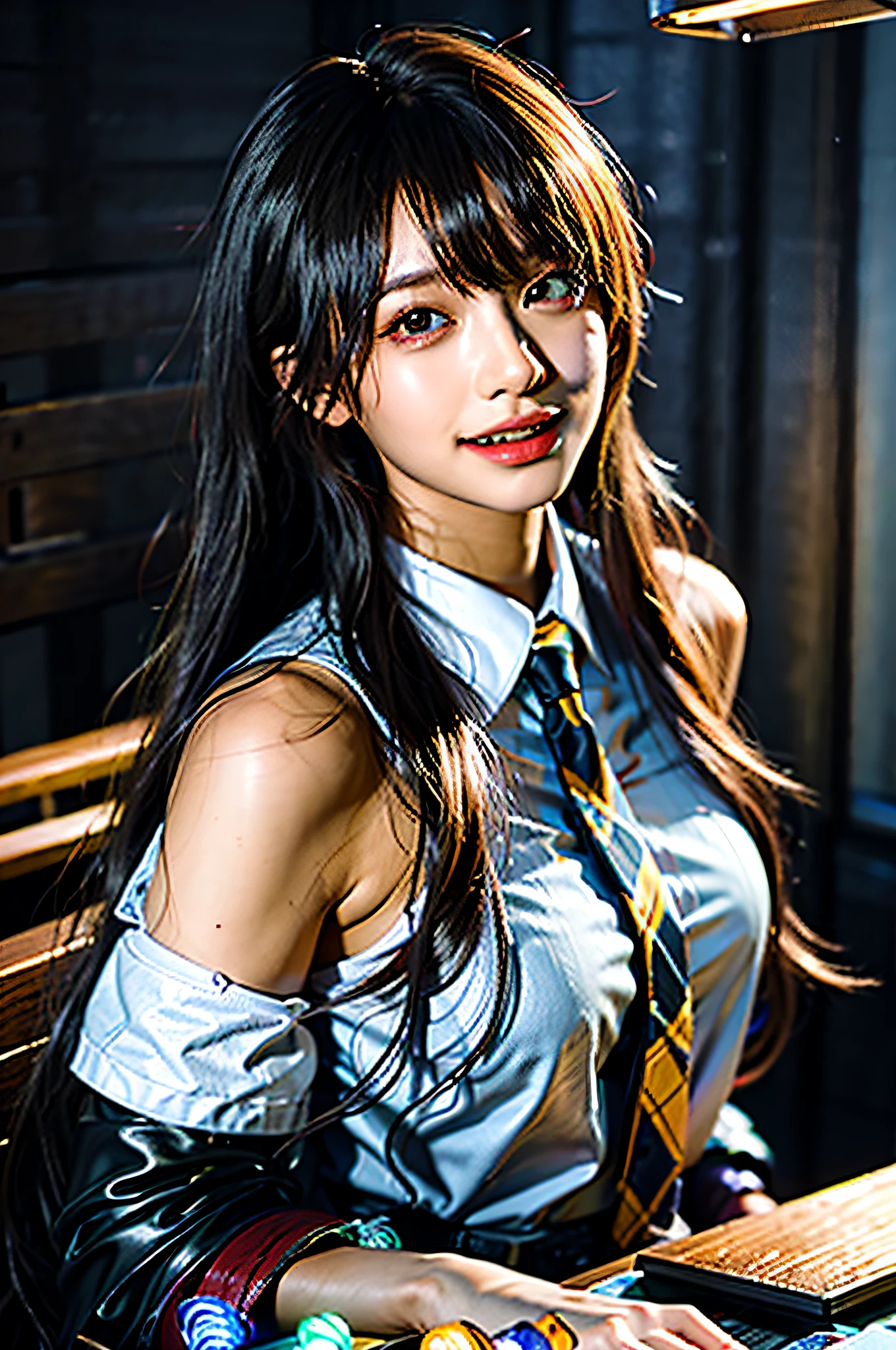 (masterpiece), best quality, ultra high res, close up, slim body, 1girl,school uniform, long hair, laughing, ramen, night, Tokyo restaurant background, colorful lights, photon mapping, radiosity, physically-based rendering, cinematic lighting, intricate, High Detail, Sharp focus, dramatic, photorealistic