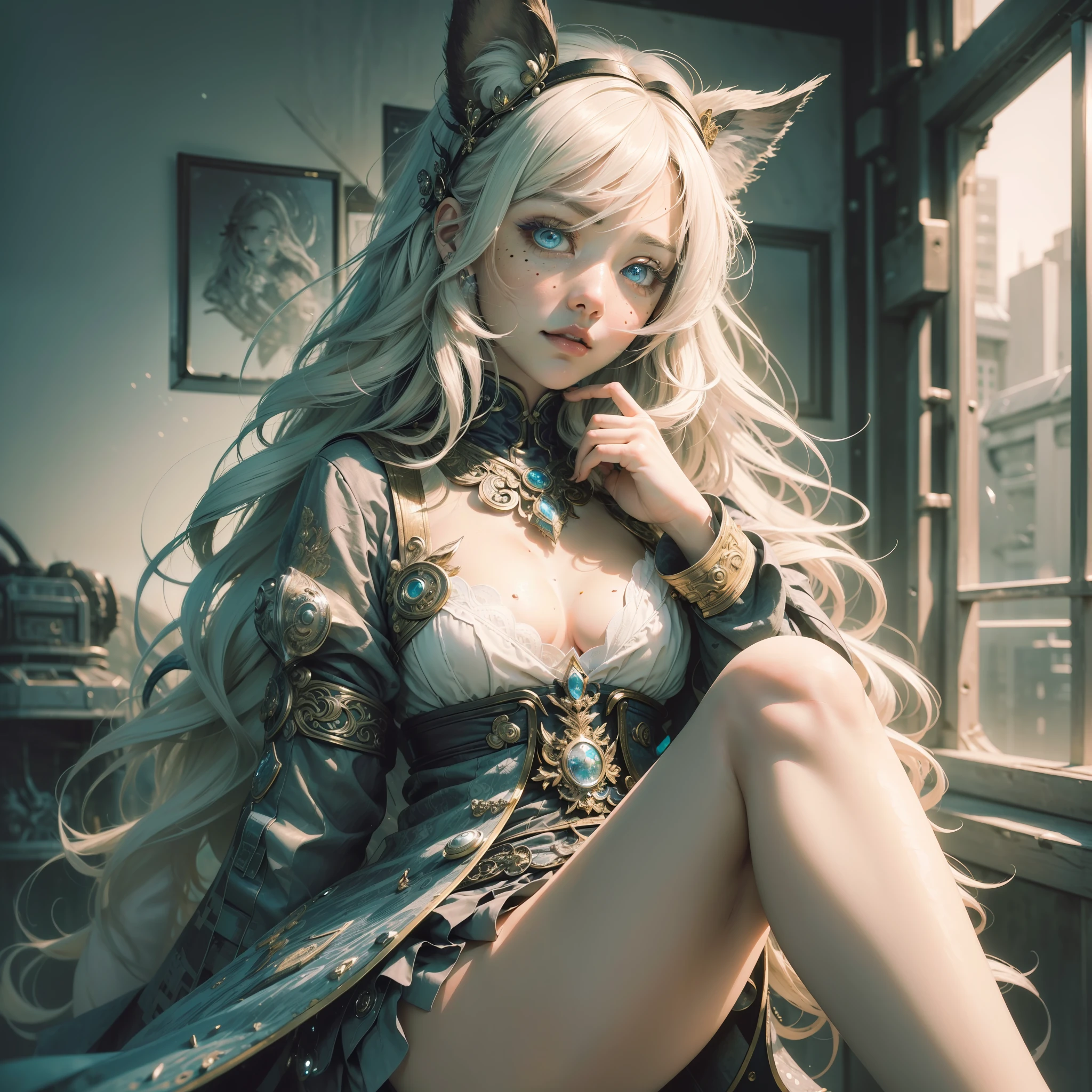 (((hyper detail)))), (ultra realistic), (illustration), (high resolution), (8K), (very detailed), (best illustration), (beautiful detailed eyes), (best quality), (super detail), (masterpiece), (wallpaper), (detailed face), solo, one girl, white wavy hair, korean, iris heterochromatic eyes, small moles under the eyes, medium chest, long legs