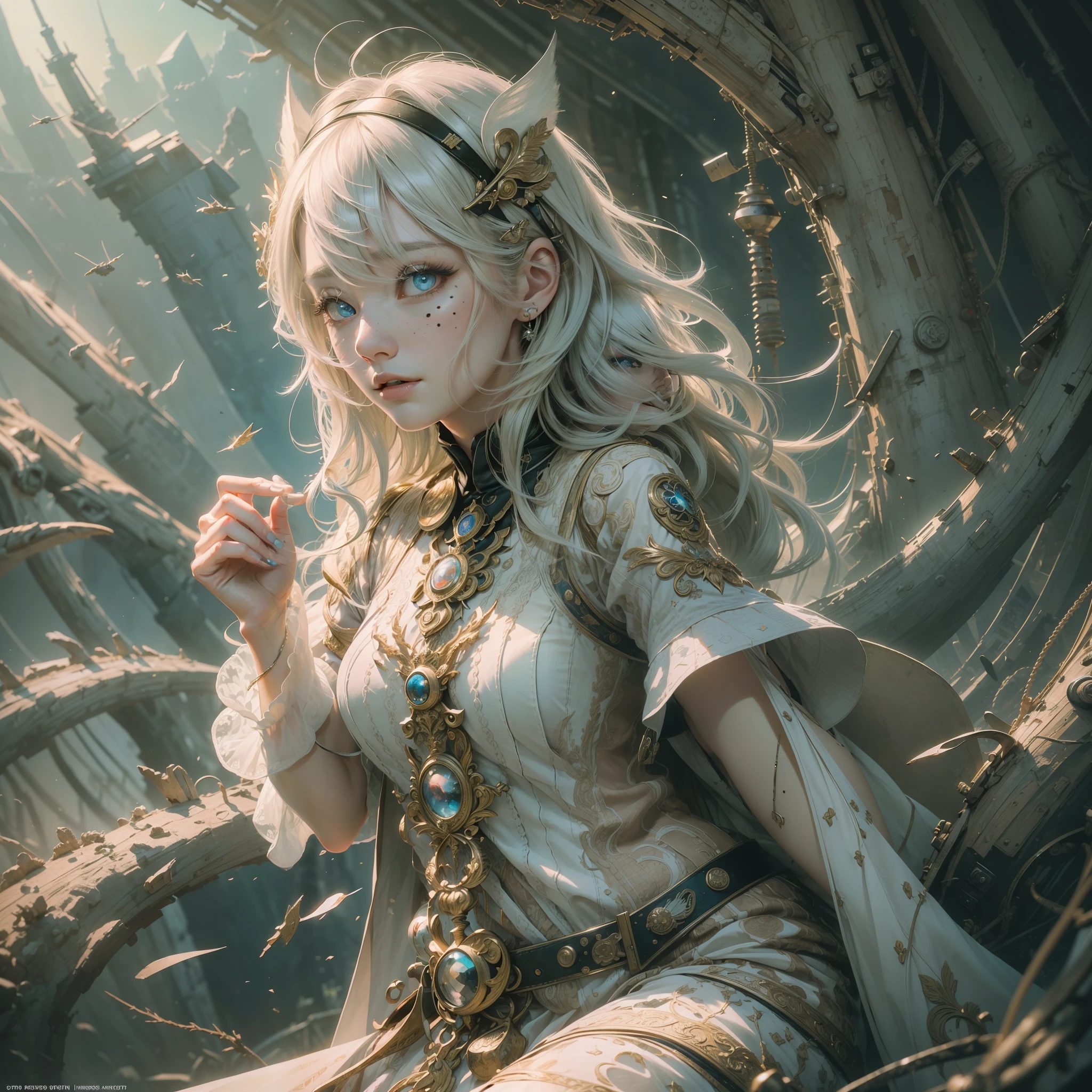 (((hyper detail)))), (ultra realistic), (illustration), (high resolution), (8K), (very detailed), (best illustration), (beautiful detailed eyes), (best quality), (super detail), (masterpiece), (wallpaper), (detailed face), solo, one girl, white wavy hair, korean, iris heterochromatic eyes, small moles under the eyes, medium chest, long legs
