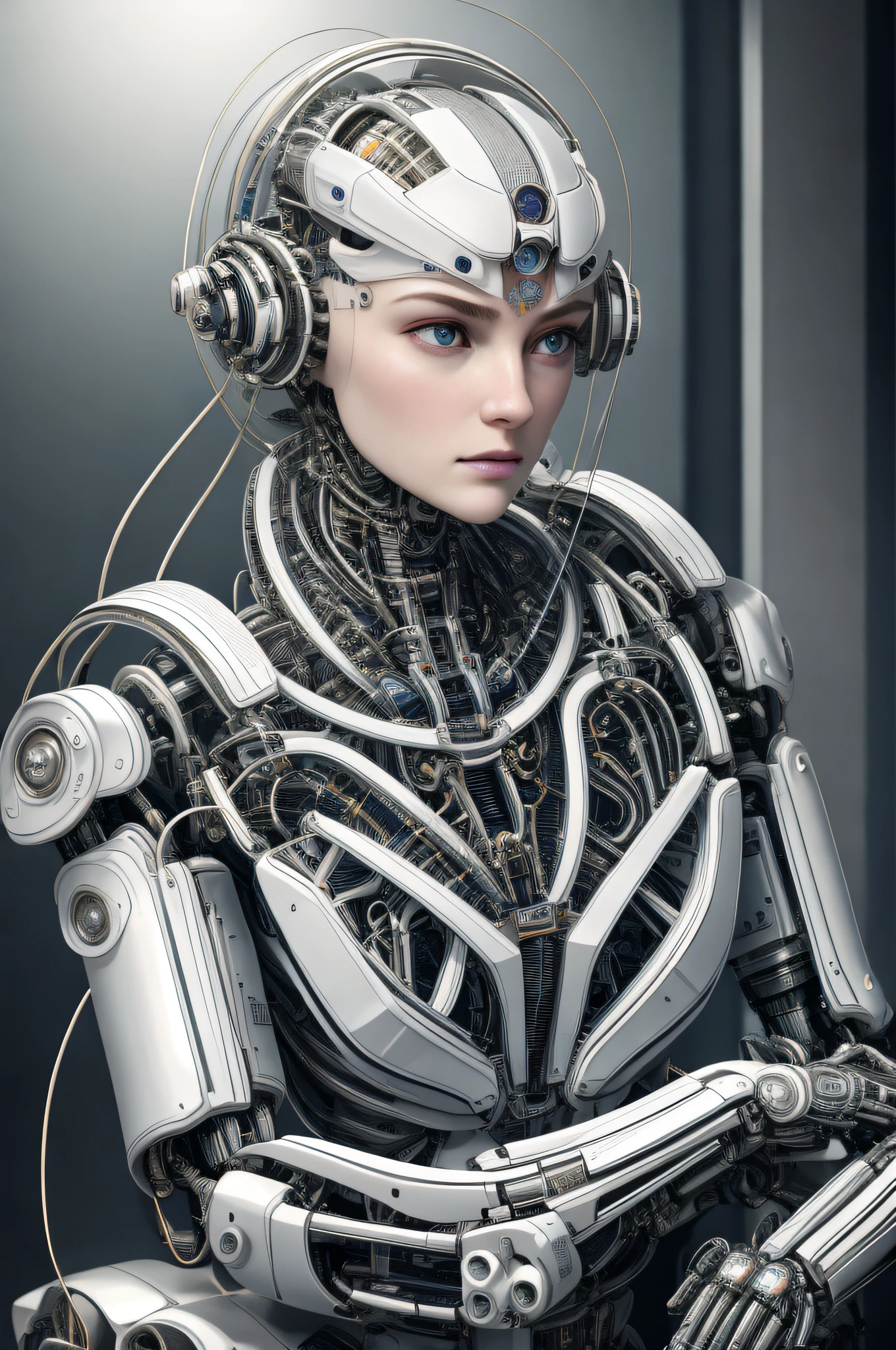 complex 3d render ultra detailed of a beautiful porcelain profile woman android face, cyborg, robotic parts, 150 mm, beautiful studio soft light, rim light, vibrant details, luxurious cyberpunk, lace, hyperrealistic, anatomical, facial muscles, cable electric wires, microchip, elegant, beautiful background, octane render, H. R. Giger style, 8k, best quality, masterpiece, illustration, an extremely delicate and beautiful, extremely detailed ,CG ,unity ,wallpaper, (realistic, photo-realistic:1.37),Amazing, finely detail, masterpiece,best quality,official art, extremely detailed CG unity 8k wallpaper, absurdres, incredibly absurdres, , robot, silver halmet, full body, sitting