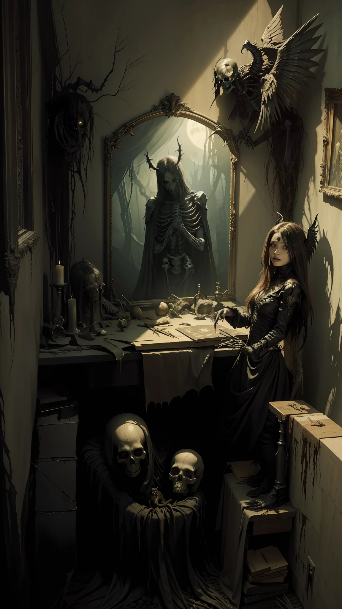 Fine matte painting, skeleton dark angel big wings haunted castle on drawing table full of knives, horror, spookiness, scary, secret horror, tentacles, vines, eyes, uncanny valley effect teeth, limbs, animals, blood moon