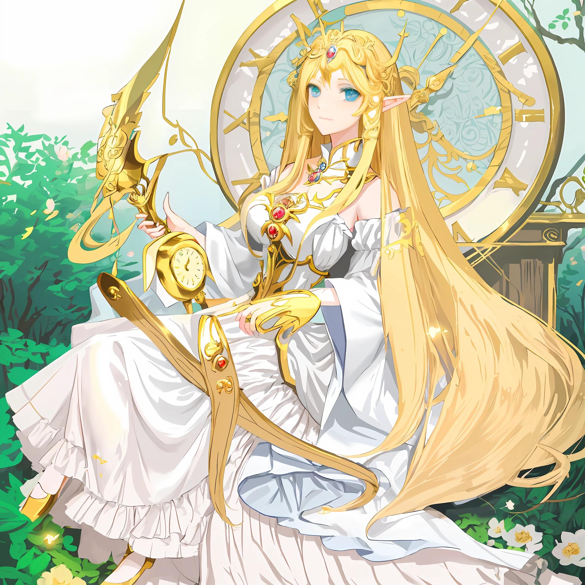 anime girl with long blonde hair holding a golden bow and a clock, ((a beautiful fantasy empress)), anime goddess, portrait knights of zodiac girl, a beautiful fantasy empress, alluring elf princess knight, goddess of light, beautiful and elegant elf queen, beautiful celestial mage, shadowverse style, an elf queen, fey queen of the summer forest, elven princess