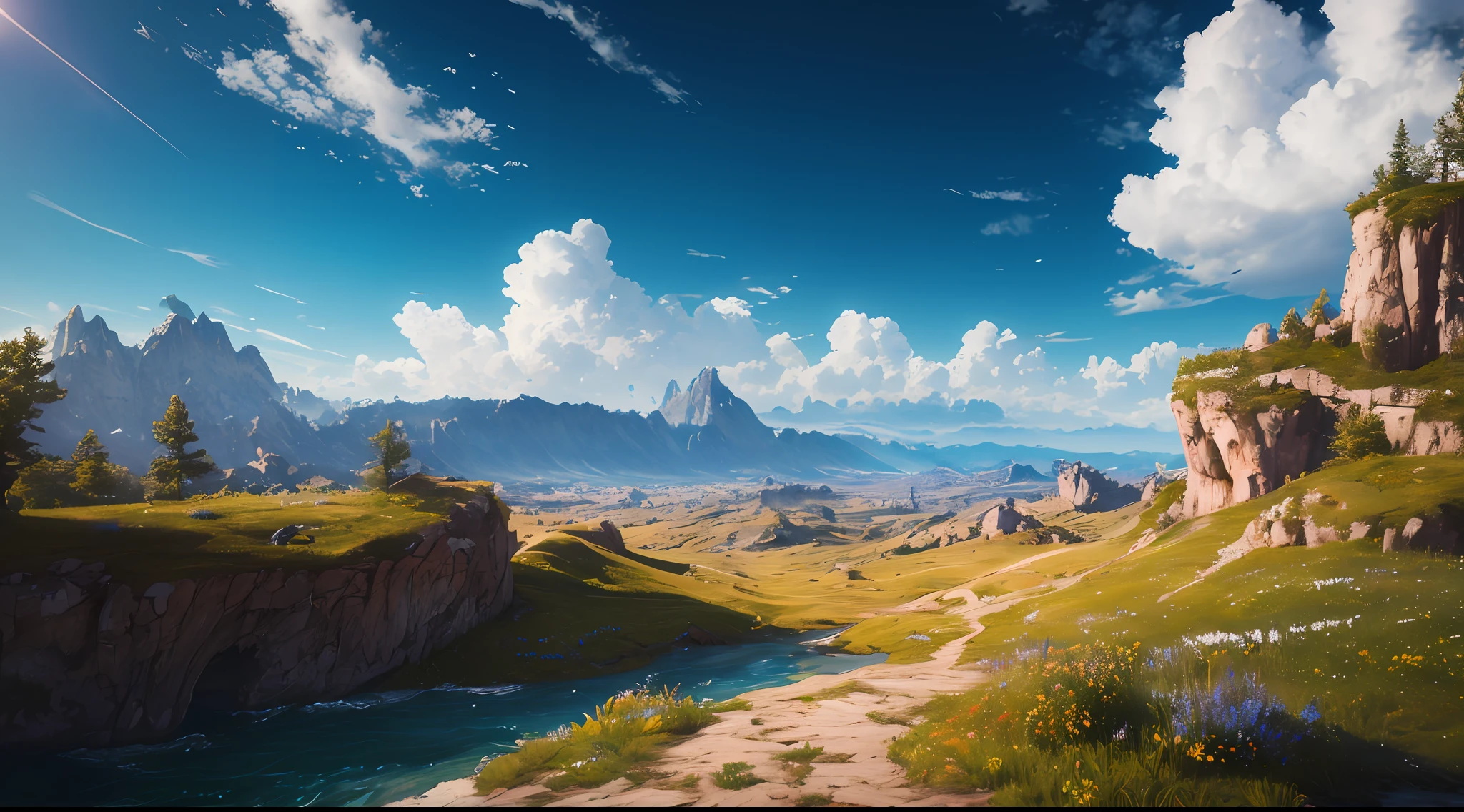 Masterpiece, Best Quality, High Quality, Highly Detailed CG Unity 8k Wallpaper, Sky, Landscape, Earth, Award Winning Photo, Bokeh, Depth of Field, HDR, Bloom, Chromatic Aberration, Photorealism, Very detailed, trending at artstation, trending at CGsociety, intricate, high detail, dramatic, art of mid-journey