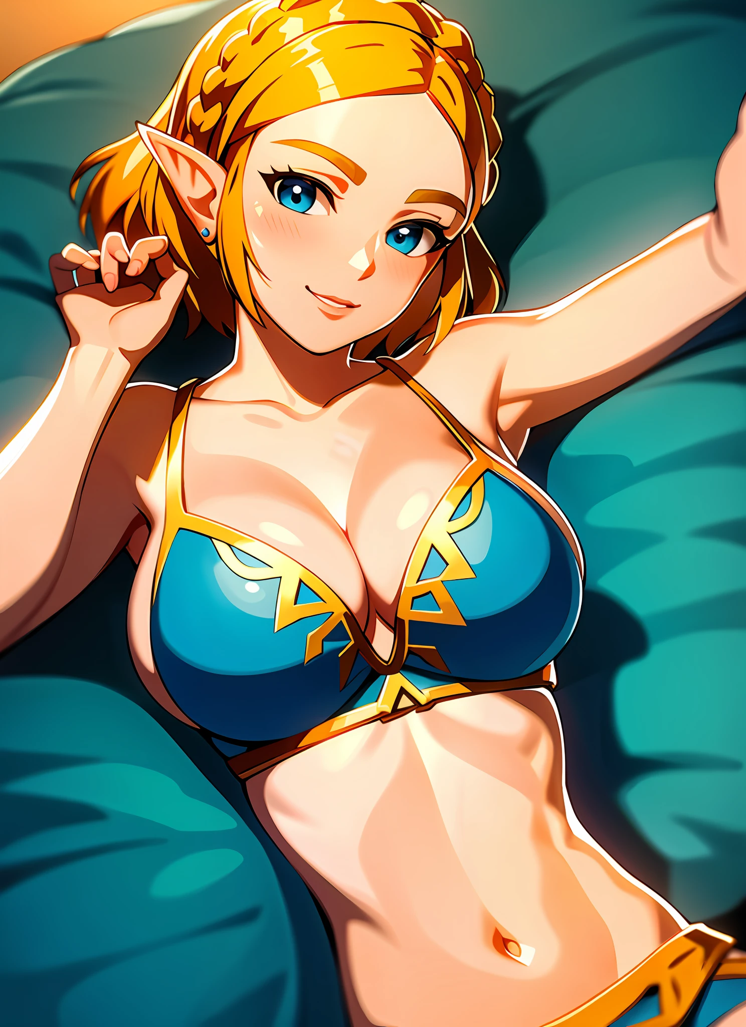 masterpiece,best quality,zelda\(princess\), 1girl, solo, large breasts,short_hair, cleavage, bare arms, sleeveless, micro bikini, smile, lying down, on back