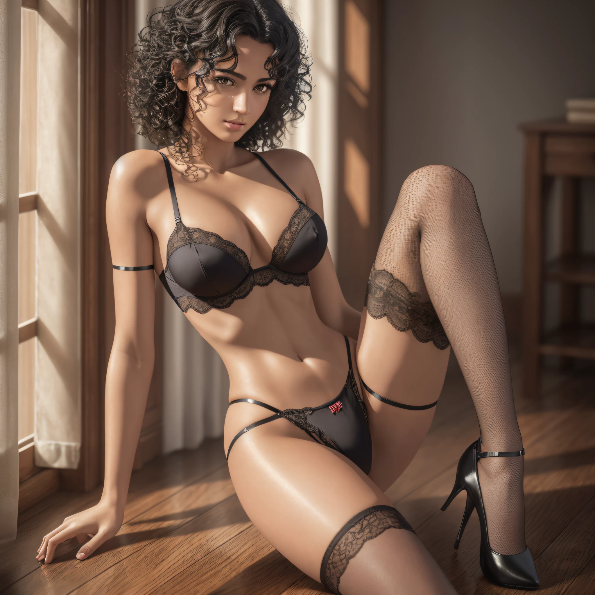 Beautiful Italian high schooler, full body photo, (black hair), (short and curly hair), wearing lacy lingerie ((Slim, Petite)), realistic, ((erotic pose)), photo, masterpiece, realistic, realistic, high contrast, realistic digital art trend HD realistic detail 8k HD art station, detail, skin texture, super realistic and detailed skin textures, (black panties), ((cameltoe)), best quality, super high resolution (fidelity:  1.4), high resolution, detail, raw photo, sharp, film photo lee jeffreys nikon d850 4 kodak portra 400 camera f1. 6 lenses Rich colors Ultra realistic textures Dramatic lighting Unreal Engine artstation cinestill 800 Trending, --auto --s2