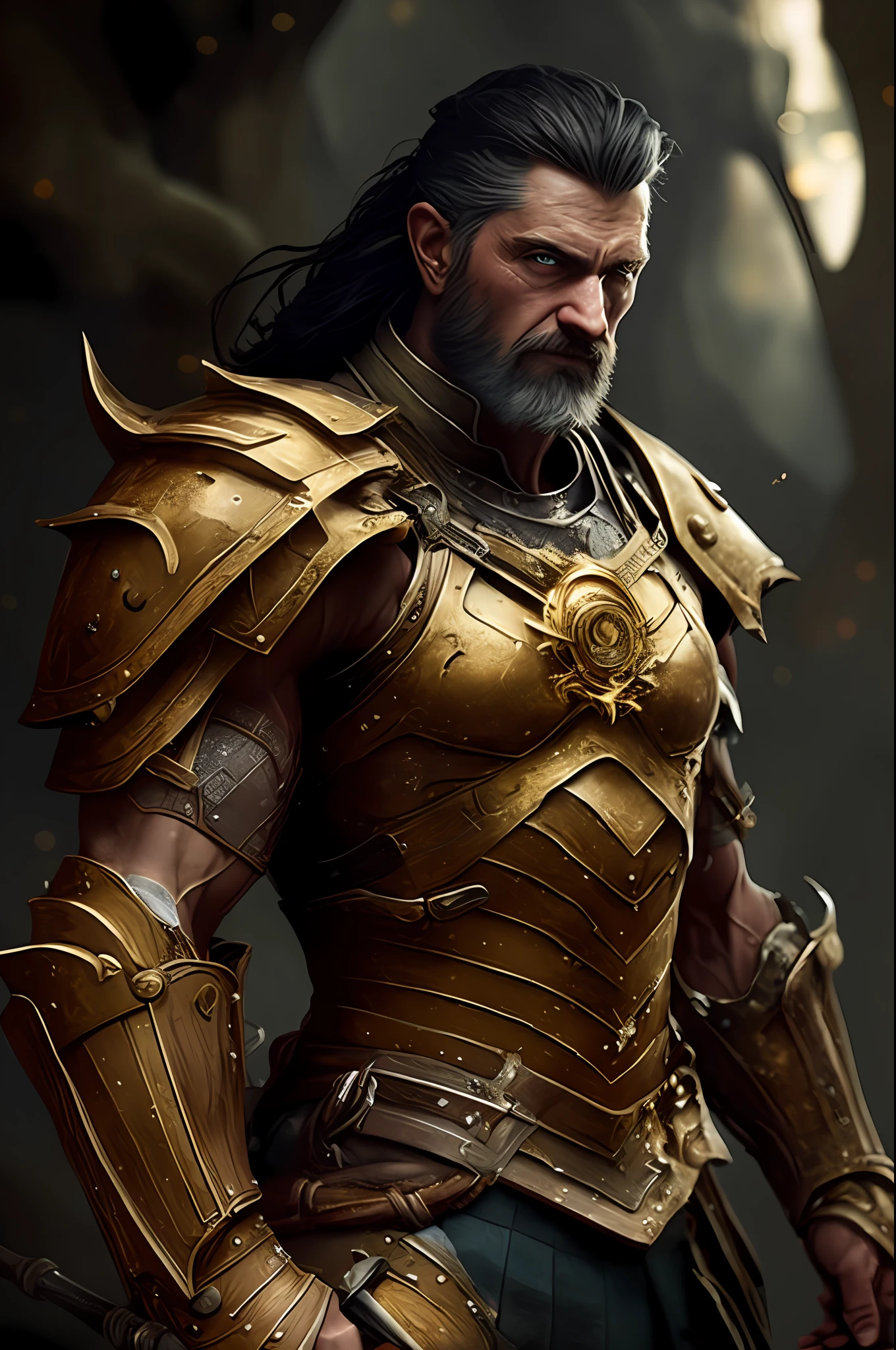 (Masterpiece), (Extreme), (Super detailed), (Full Body), a Viking in golden armor, holding a shield in his left hand and a hammer in his right hand coming out of lightning, full body image, futuristic detailed background, strong man, radiating a golden light from the armor, muscular, showing the abdominal muscles, abdominal muscles to show, in attack position, angry expression, Show the shield in the foreground in detail
