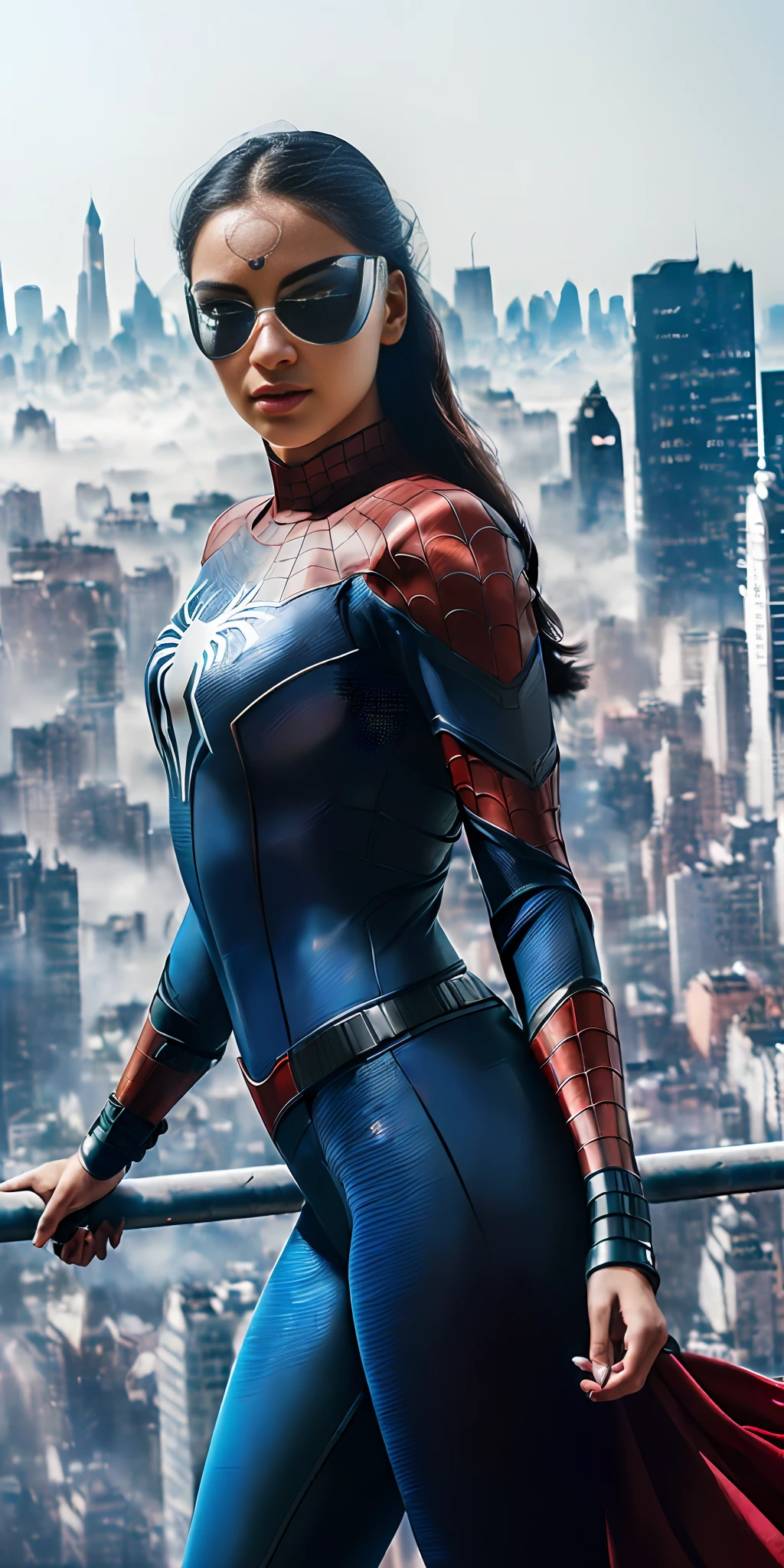 (1girl indian:1.3), Solo, (((Very detailed face)))), ((Very detailed eyes and face)))), Beautiful detail eyes,((gigantic boobsvey deep cleavage))(,Body parts__, Official art, Unified 8k wallpaper, Super detailed, beautiful and beautiful, beautiful, masterpiece, best quality, original, masterpiece, super fine photo, best quality, super high resolution, realistic realism, sunlight, full body portrait, amazing beauty, dynamic pose, delicate face, vibrant eyes, (from the front), She wears Spider-Man suit, red and black color scheme, spider, very detailed city roof background, rooftop, overlooking the city, detailed face, detailed complex busy background, messy, gorgeous, milky white, highly detailed skin, realistic skin details, visible pores, clear focus, volumetric fog, 8k uhd, DSLR, high quality, film grain, fair skin, photo realism, lomography, futuristic dystopian megalopolis, translucent