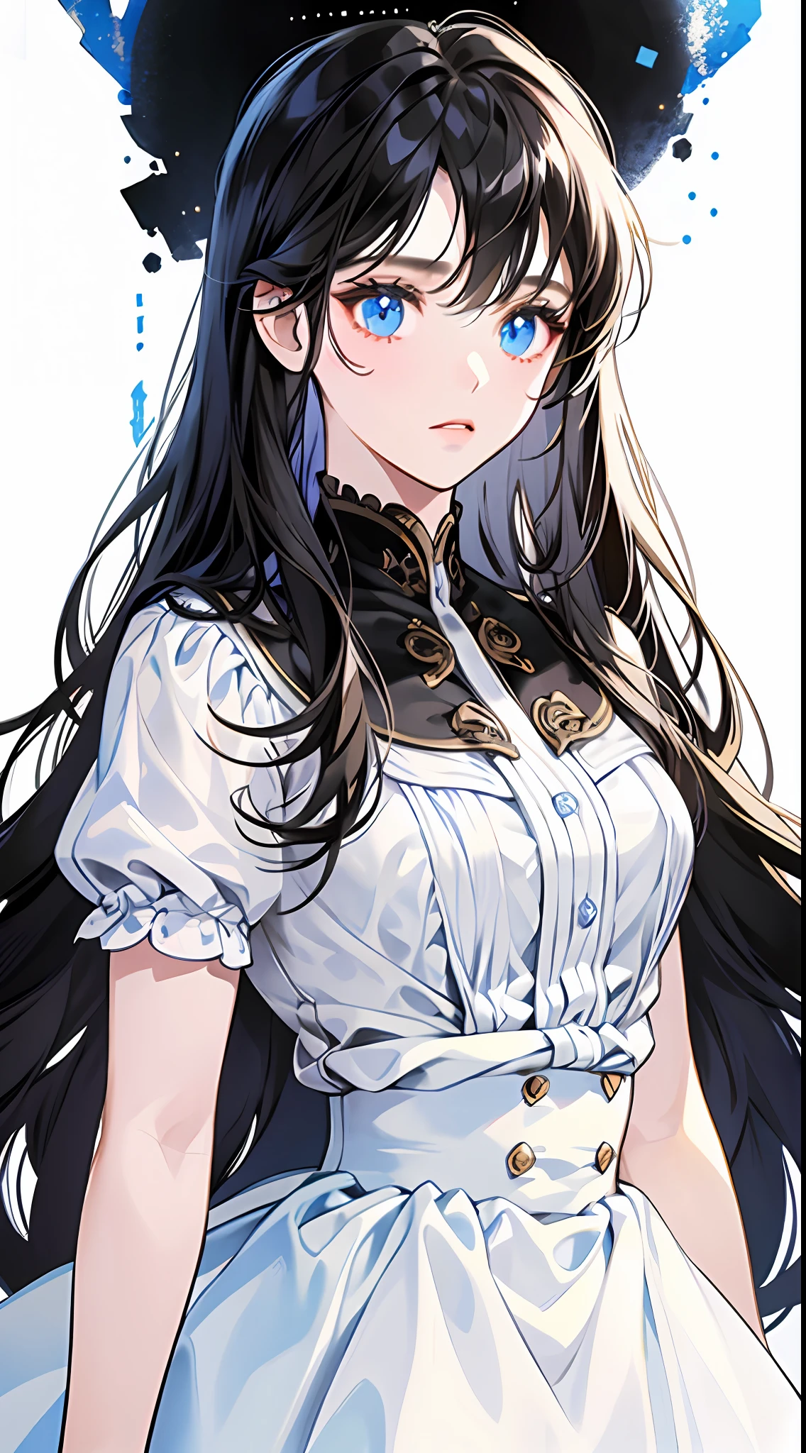 A girl with long black hair (with bangs) simple white skirt, blue eyes, looking at the camera, eyes focused, (white background), standing painting, attention to detail, highest quality, expressionless.