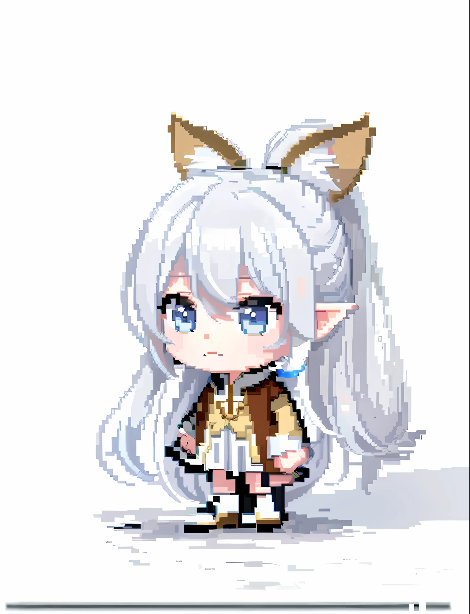 (Faint smile, best quality) a close-up of pixel art Long-Haired Girl, Maple Story Style, Visual Novel Elf, Silver Hair (Ponytail), Chibi, White ( Cat) Girl, Maple Island Mouse, Silver Girl, Pale Young Ghost Girl, Girl Silver Hair, Chibi Girl,