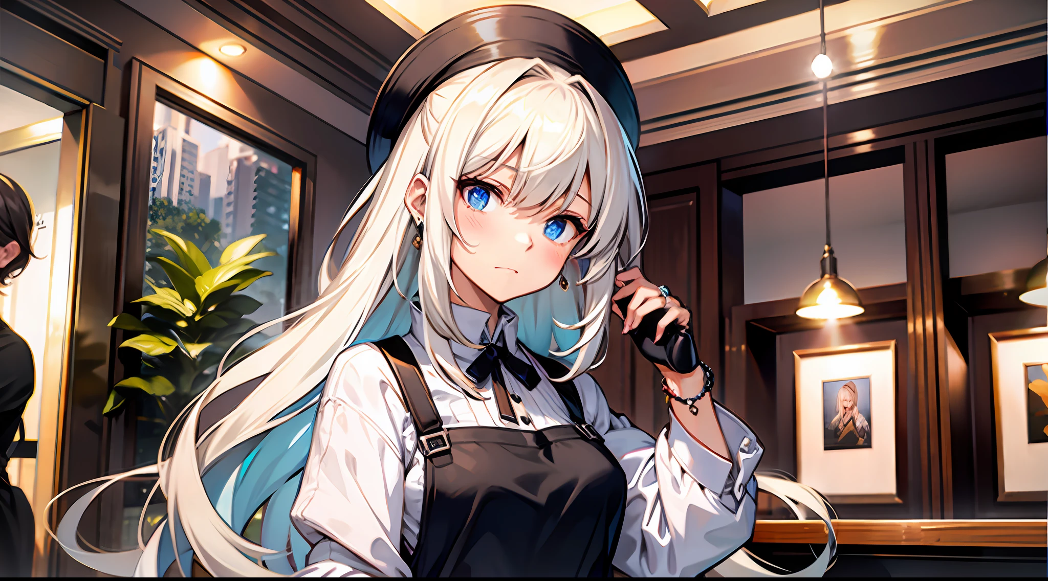 Masterpiece, best quality, girl, long white hair, wearing an apron, high-luxury jewelry store, embarrassed expression