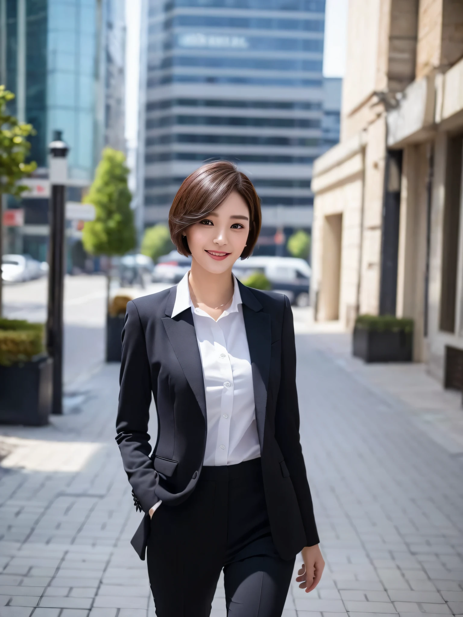 ((Best Quality, 8k, Masterpiece: 1.3)), 1 girl, smile, full body, slim face, pretty woman, short hair, wearing crisp shirt and black versatile suit pants with high heels, super detailed face, detailed eyes, double eyelids, blurred background, slim face, tall building, walking alone on no man's street,