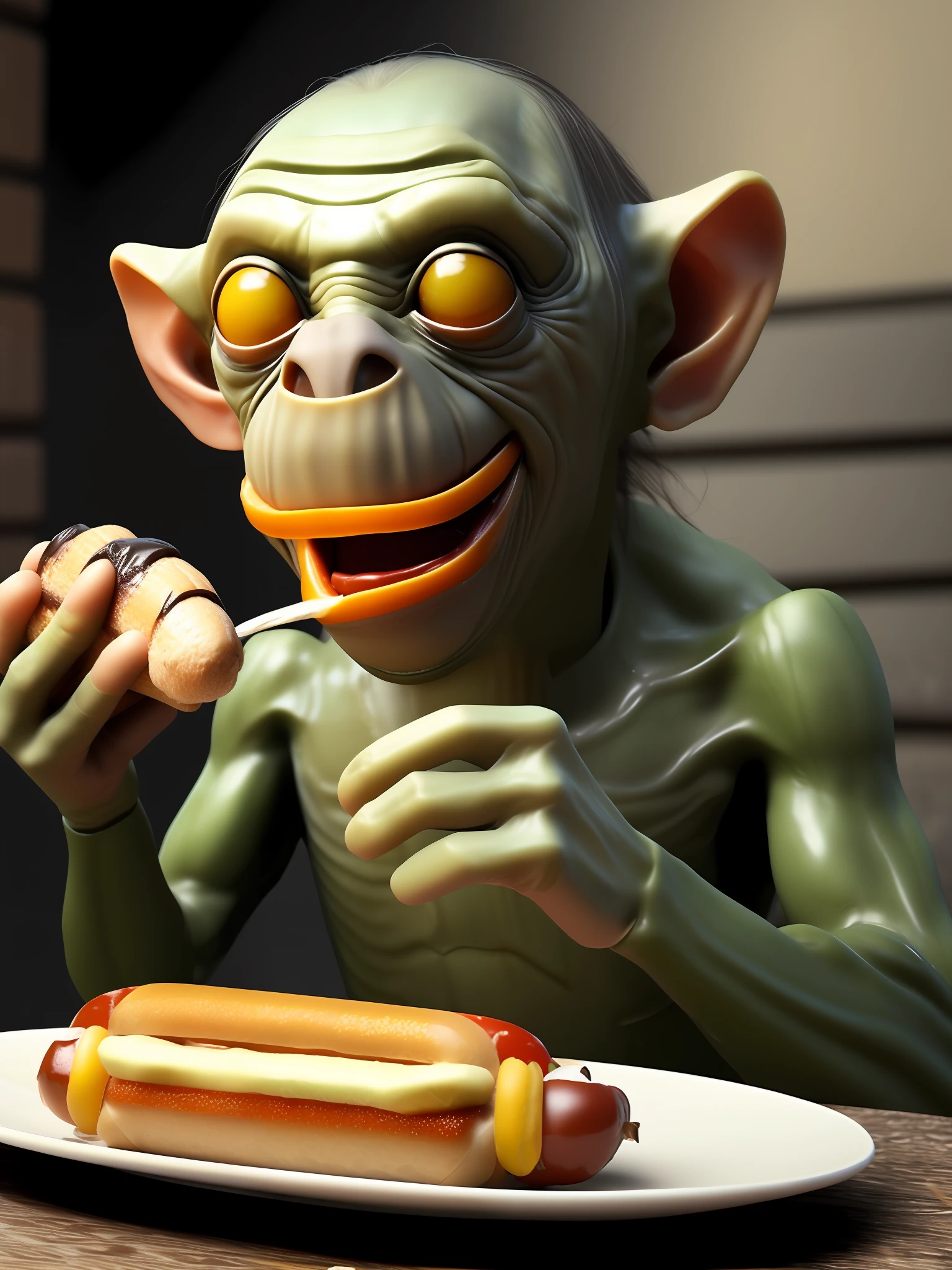 Gollum eating a hotdog