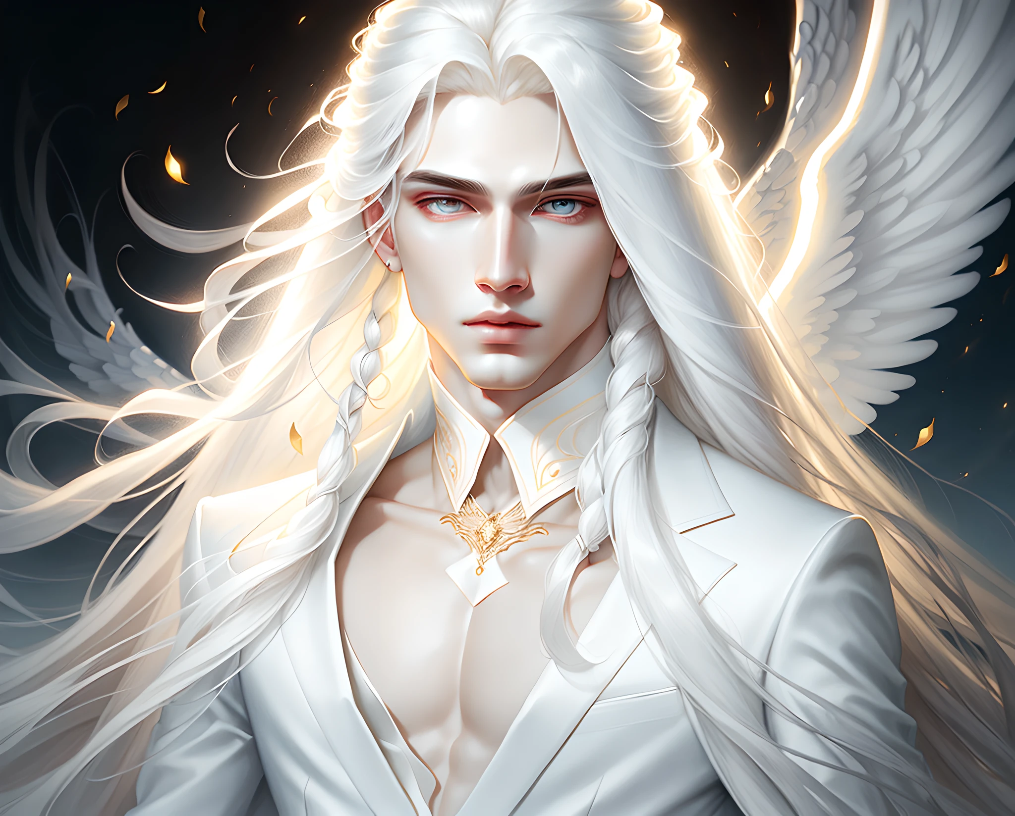 masterpiece, highest quality, (solo focus), (perfect face:1.1), (high detail:1.1),dramatic, (an alluring albino angel guy with long flowing pure white hair and piercing white eyes),1guy, (pale skin), long hair, white eyes, solo, long hair, moon, night, white luxury suit, covered navel, pouty lips, covered, futuristic city, detailed background, art by artgerm cinematic lighting, roses and vines, fashion, BalenciagaStyle