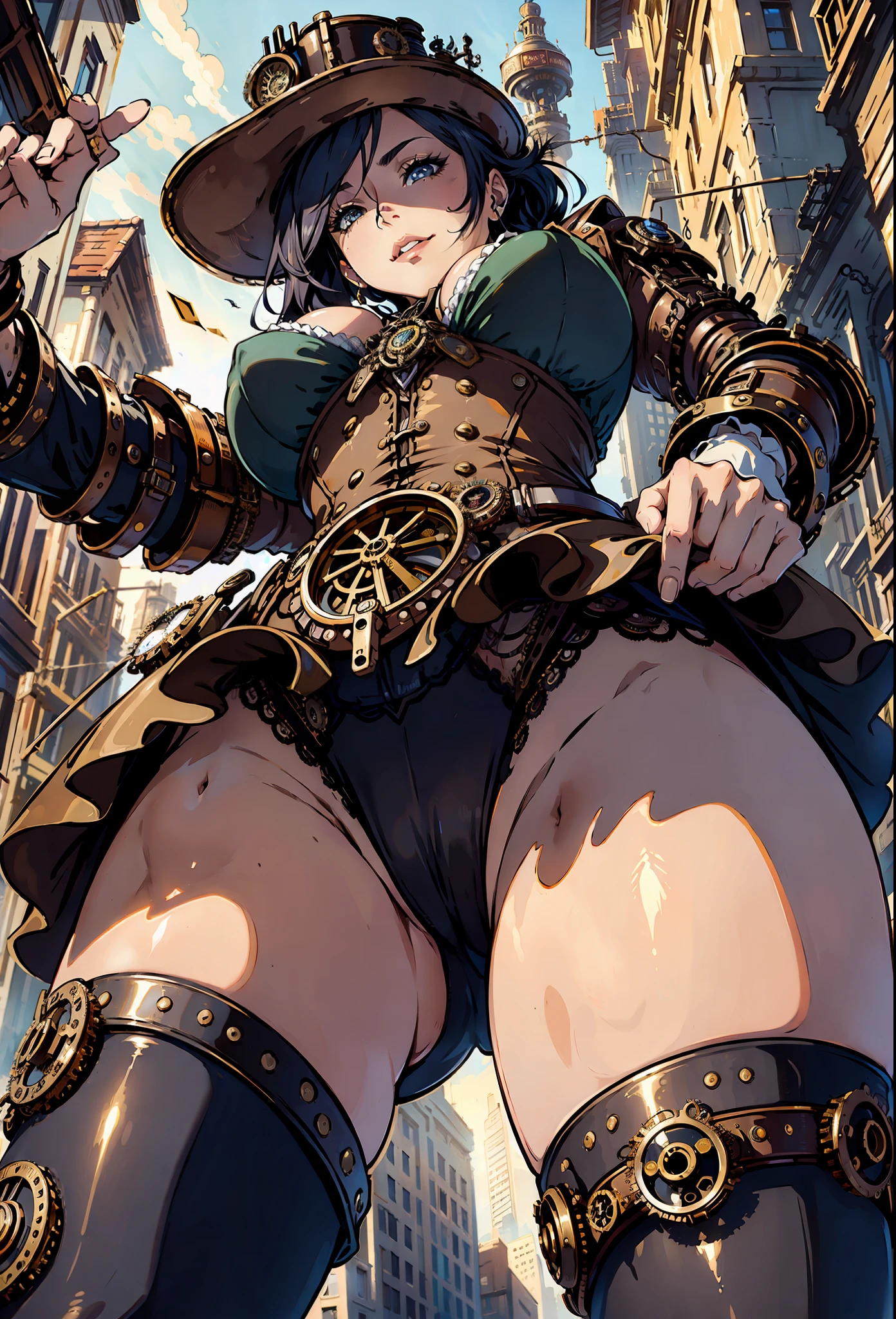 Woman, (((from below))), busy city, foreshortening, (seductive pose, gigantic drooping chest, very marked, cameltoe), looking at the viewer, crazy, black cuts, (eye contact), photorealistic, masterpiece, realistic, high contrast, hyper detailed, best quality, ultra high resolution, photorealistic, high resolution, detailed, raw photo, (((steampunk style,steampunk city)))