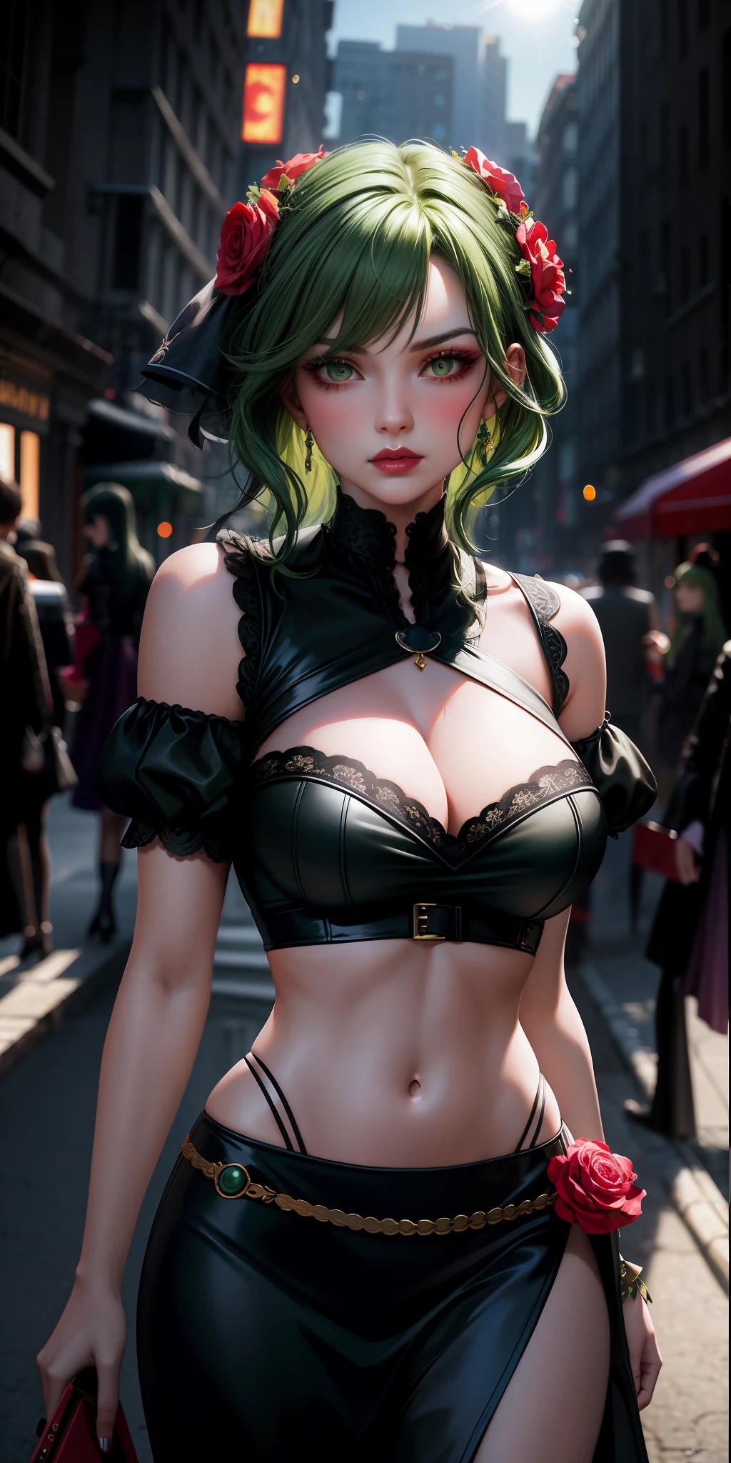 realistic, 2 women, 2 women, 1 woman (GREEN hair), 1 woman (BLACK hair), red eyes, bright eyes, cropped top, skirt, lips parted, blush, night, flowers, sun, sunlight, full breasts, large breasts, spontaneous poses, confident look, graveyard, gothic girl, gothic, victorian, (PERFECT HANDS), perfect hands