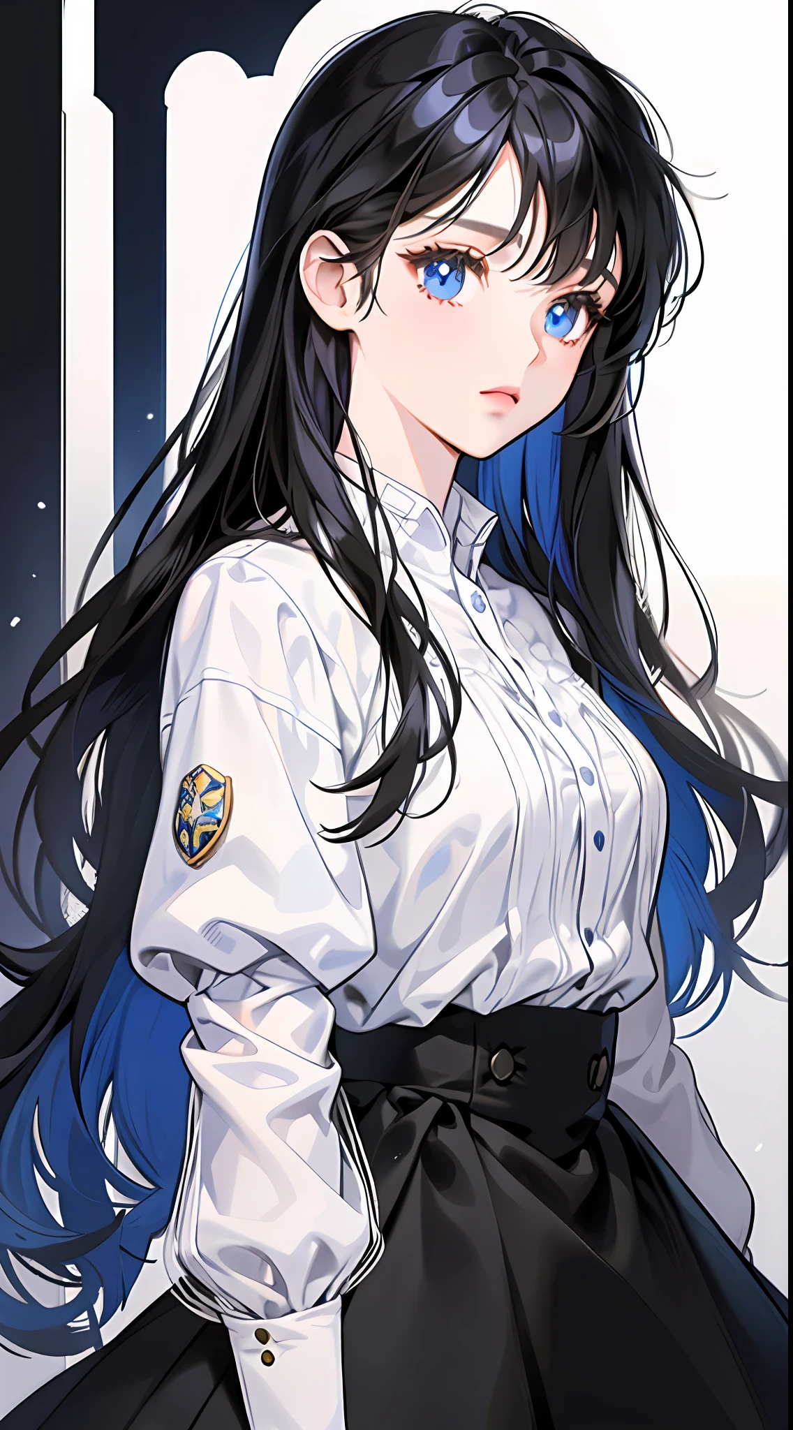 A girl with long black hair (with bangs) simple white skirt, blue eyes, looking at the camera, eyes focused, (white background), standing painting, attention to detail, highest quality, expressionless.