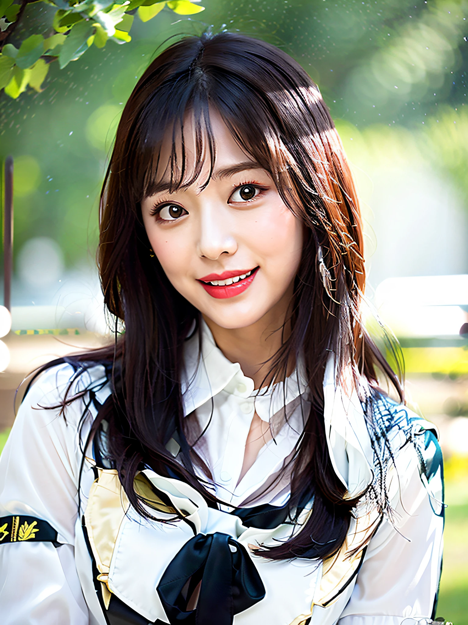 Top quality, masterpiece, laughing, white blouse, park