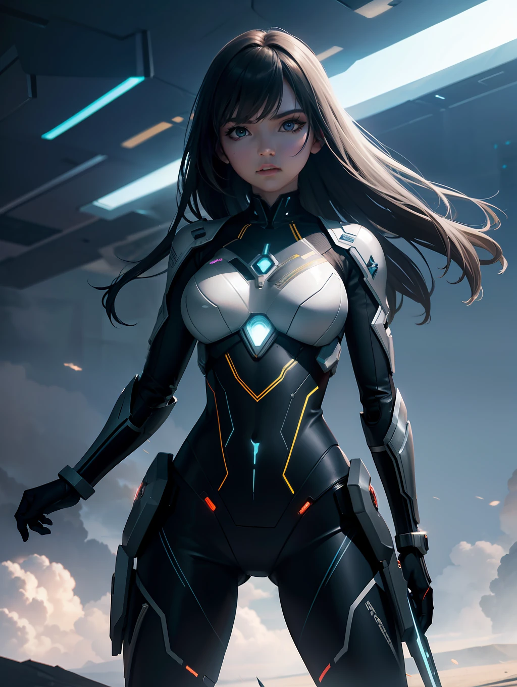 Embark on a thrilling journey into a futuristic battlefield, where a beautiful girl dons a striking robotic suit that blends grace and power seamlessly. In this high-octane scene, you'll craft an image that captivates the imagination with its cutting-edge technology and fierce elegance
