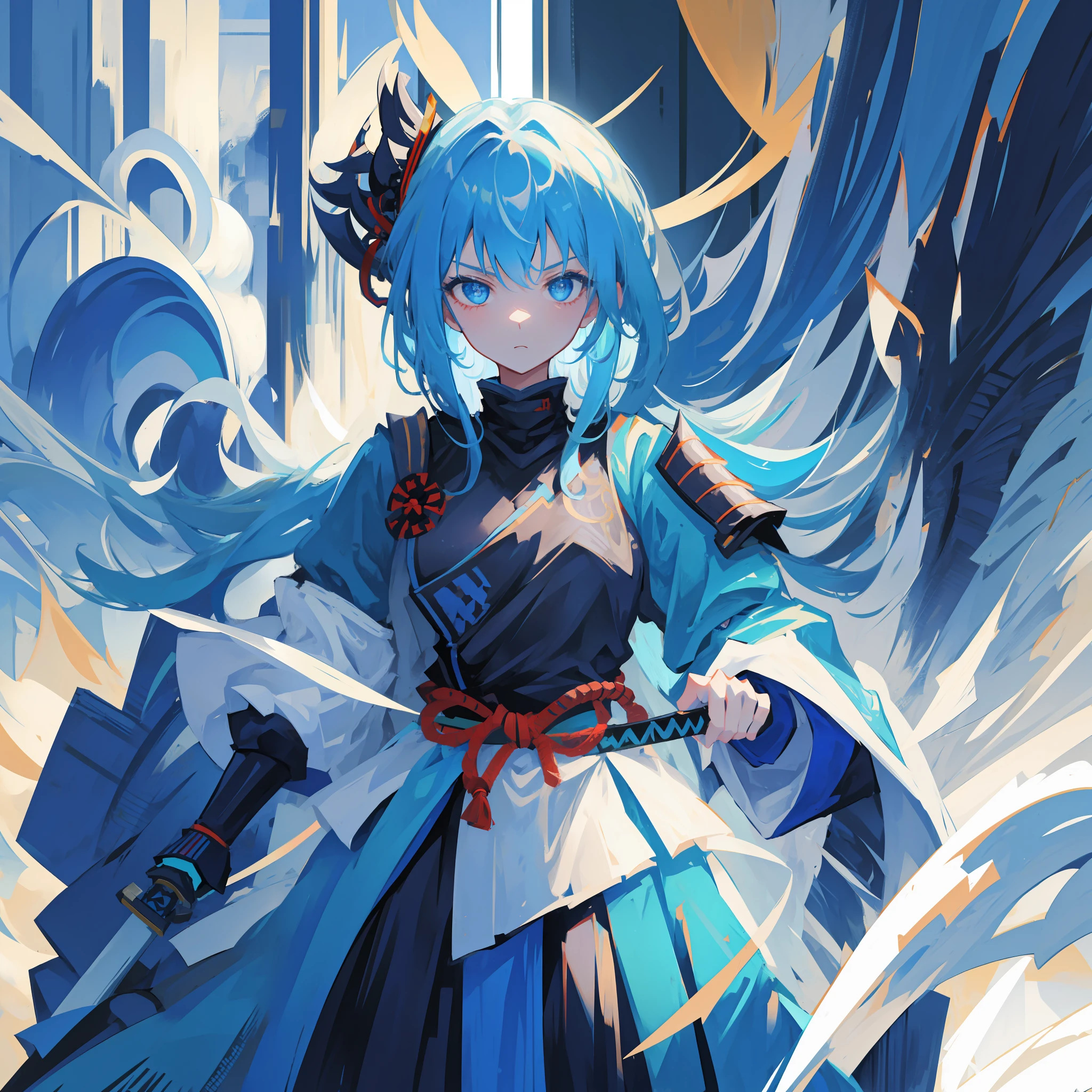 Girl, long sky blue hair, dark blue eyes, fierce expression, katana, samurai armor