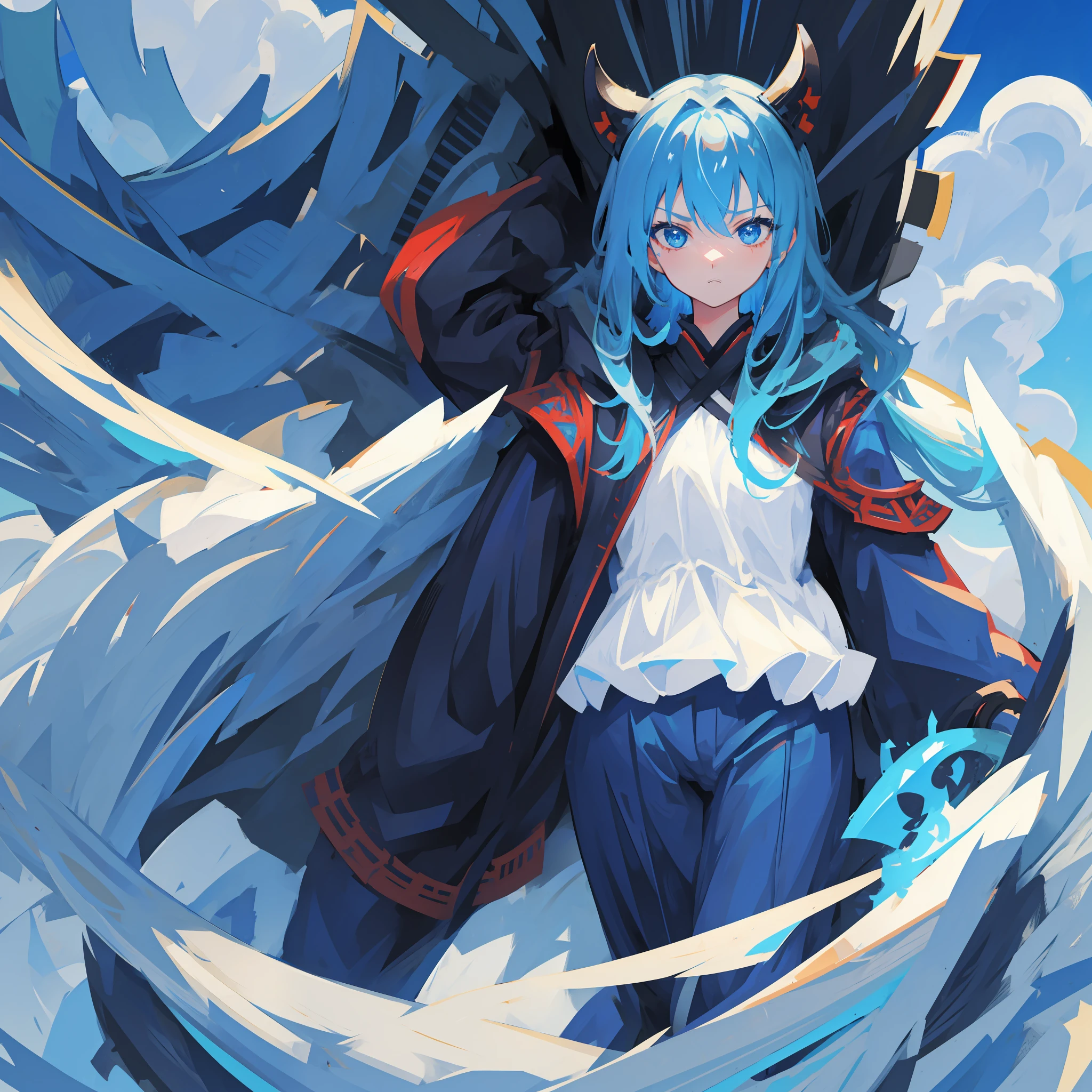 Girl, long sky blue hair, dark blue eyes, fierce expression, katana, samurai armor