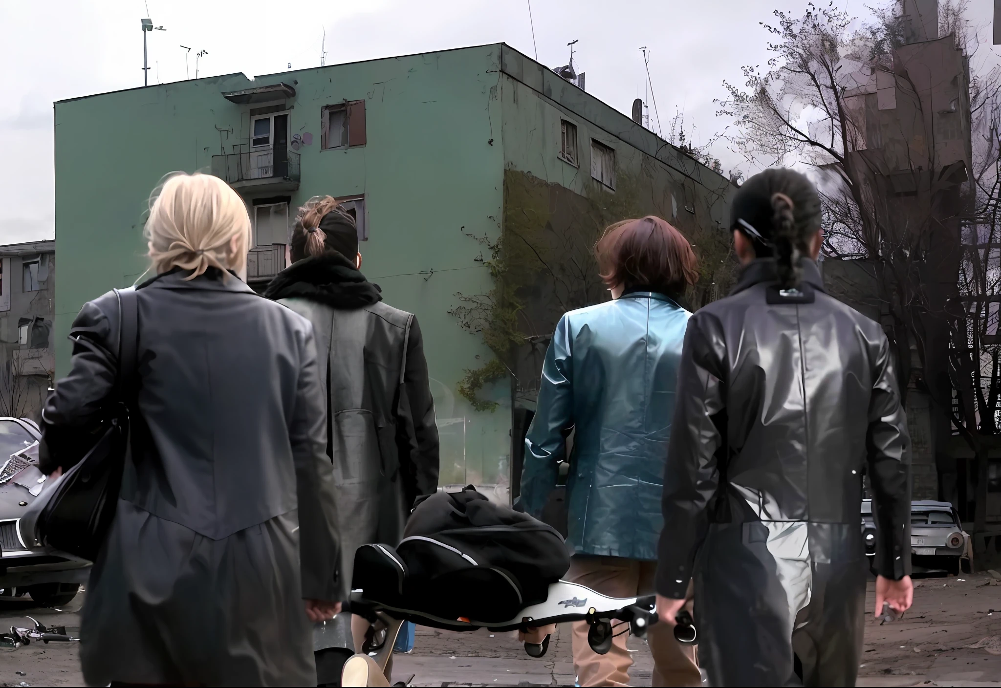 several people walking down a street with a suitcase and a skateboard, photo still of behind view, dead bodies in the background, rear-shot, in postapocalypse city, video still, still from a music video, scene from the film, still from a movie, shot from movie, still from the film, still from l'estate, opening scene