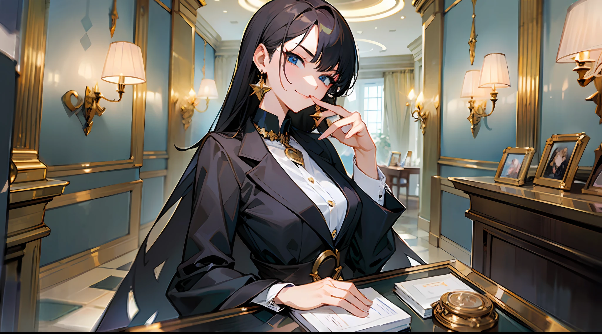 Masterpiece, best quality, female clerk, luxury jewelry store, counter, sneer