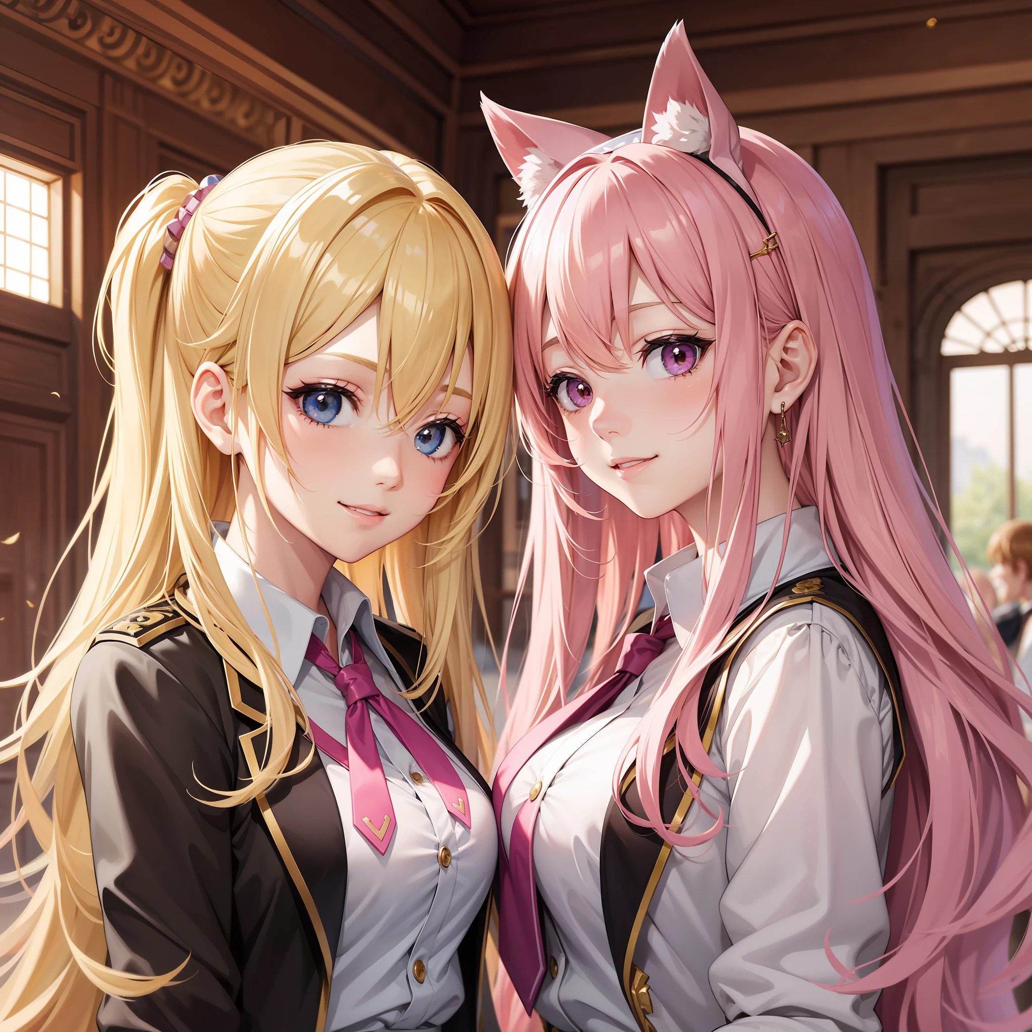 harem girl school smile top quality masterpiece uniform blonde pink hair multiple people