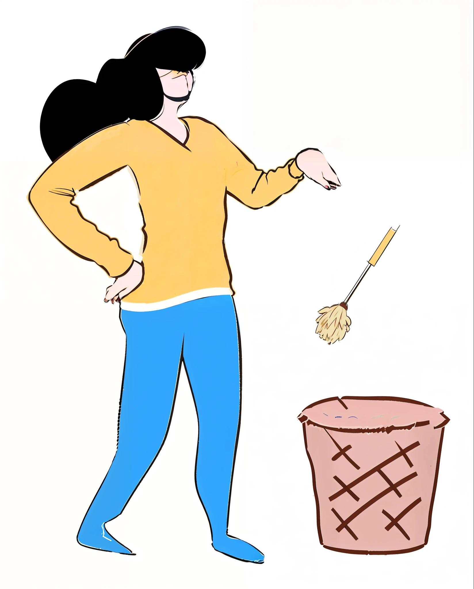 A cartoon of a woman throwing a broom into a trash can