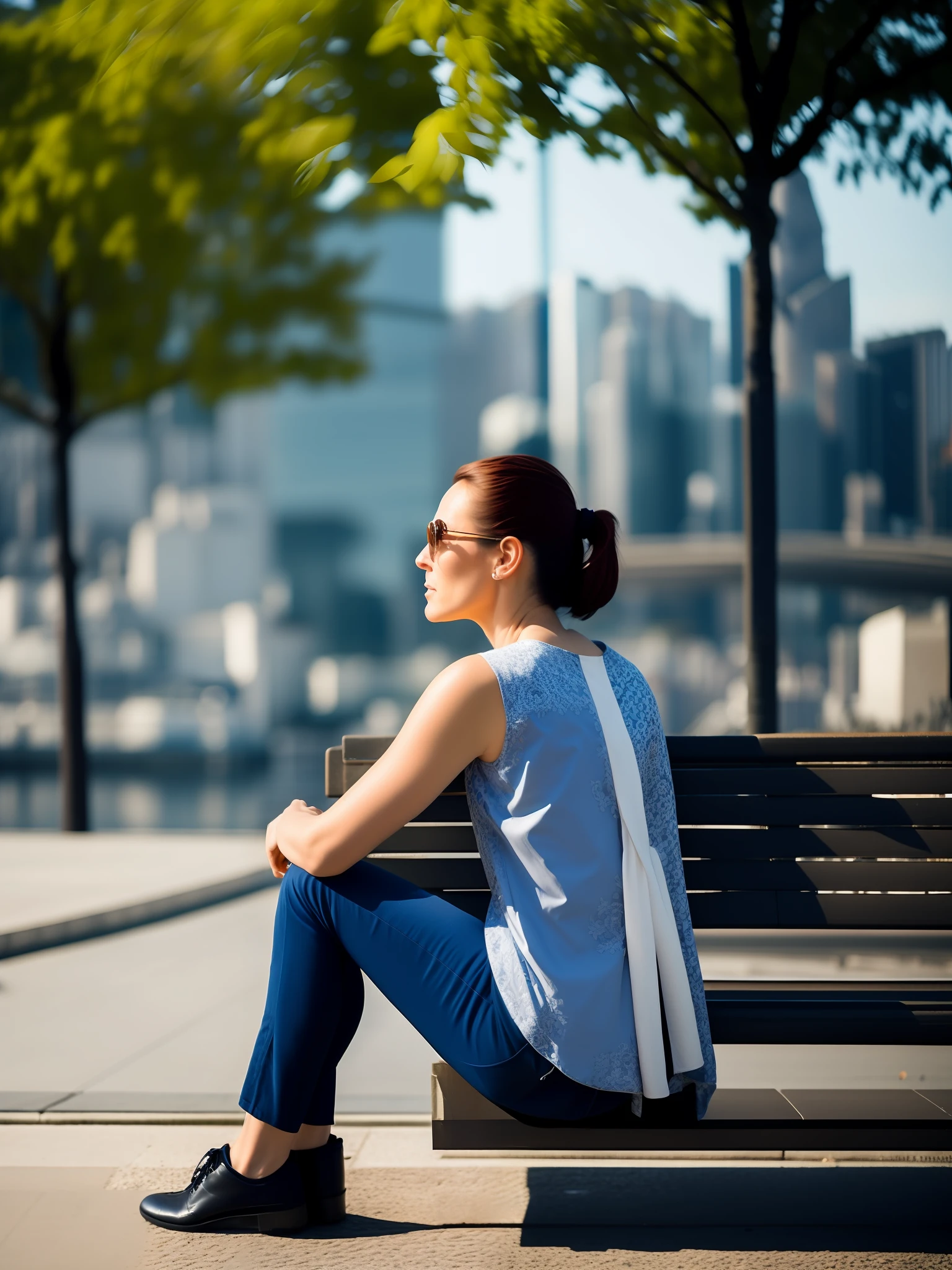 35-year-old woman with sad face looking at the horizon, sitting on the city bench