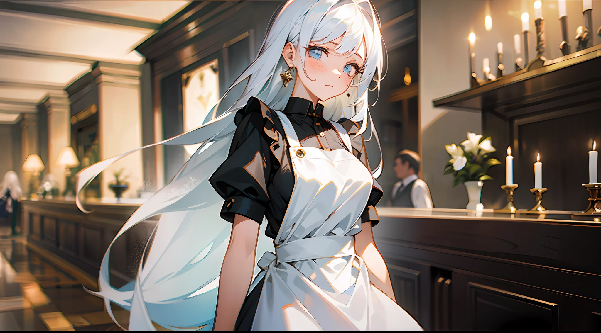 Masterpiece, best quality, girl, long white hair, wearing an apron, high-luxury jewelry store, embarrassed expression