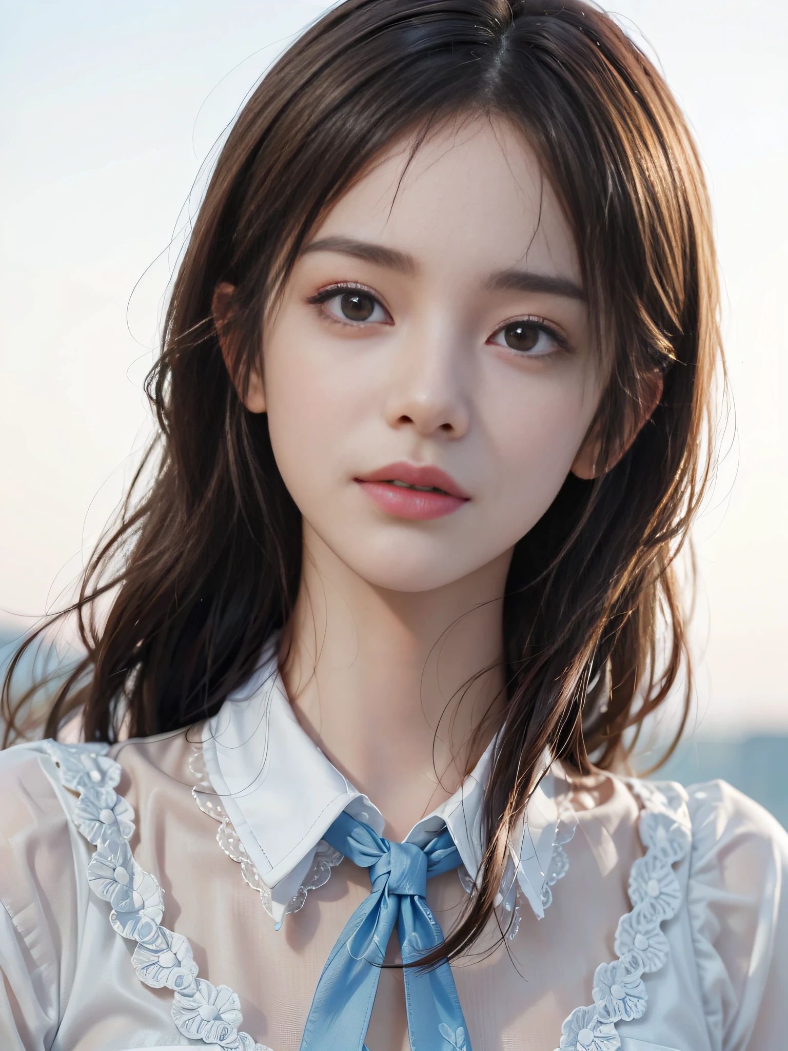 dressed, (photorealistic: 1.4), (hyperrealistic: 1.4), (realistic: 1.3), (smooth lighting: 1.05), (cinematic lighting quality improvement: 0.9), 32K, 1 girl, Japan woman, realistic lighting, backlit, face lights, ray tracking, (bright light: 1.2), (quality improvement: 1.4), ( Realistic textured skin of the highest quality: 1.4), fine detailed eyes, detailed face, fine quality eyes, brown eyes, (moist light pink lips that reflect wet and light), (tired and sleepy and satisfied: 0.0), blue floral blue silk blouse with ruffles and lace, ribbon ties with thin strings, dark brown hair, short cropped bangs hanging on the forehead, blue hair band, One adult woman with faint smile (isolated on white background)