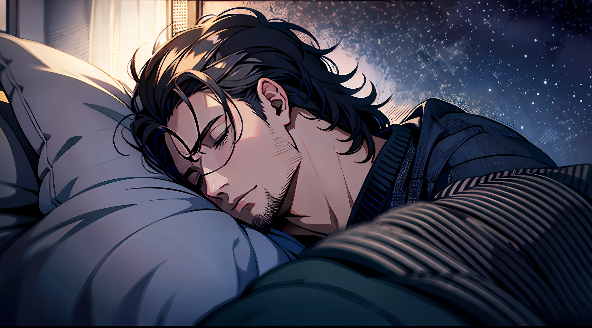 Masterpiece, best quality, man, sleeping in bed, bedroom