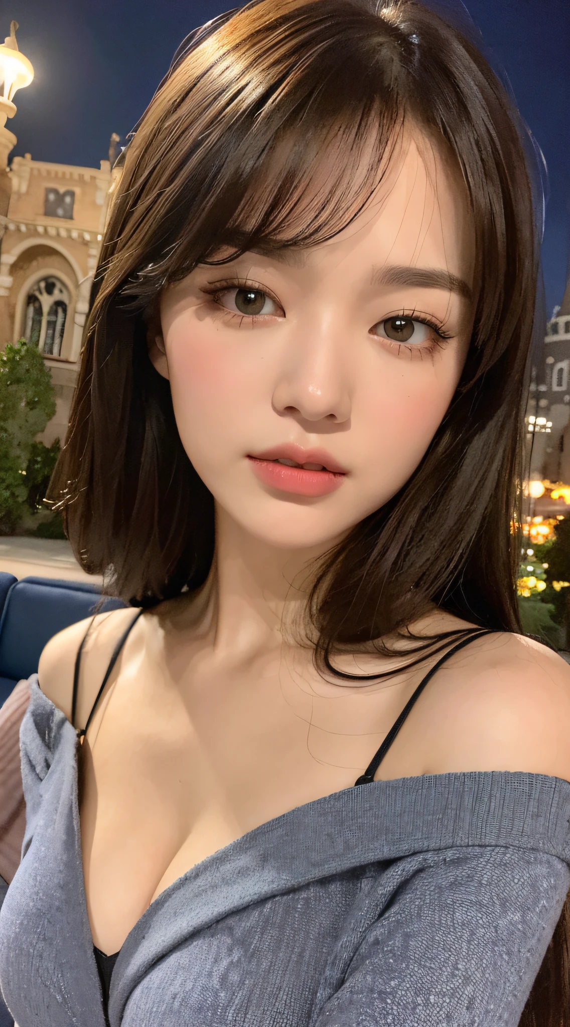 ((Night Scene, Realistic Light, Best Quality, 8K, Masterpiece: 1.3)), 1 Girl, Slim Body Beauty: 1.4, Brown Hair, (Big: 1.3), Off Shoulder Cut Top: 1.3, Sofa, Ultra Detailed Face, Detailed Eyes, Double Eyelids, Disneyland, Cleavage