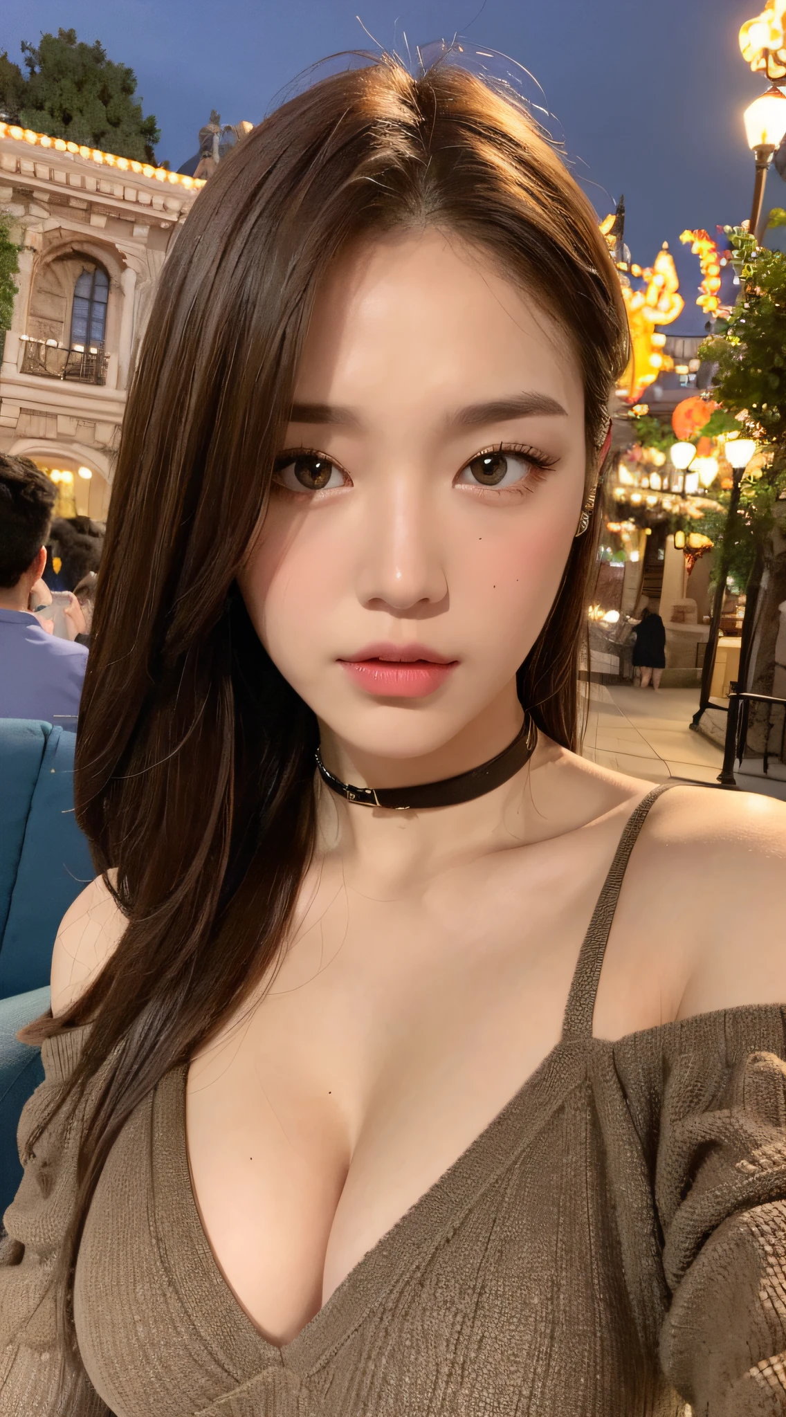 ((Night Scene, Realistic Light, Best Quality, 8K, Masterpiece: 1.3)), 1 Girl, Slim Body Beauty: 1.4, Brown Hair, (Big: 1.3), Off Shoulder Cut Top: 1.3, Sofa, Ultra Detailed Face, Detailed Eyes, Double Eyelids, Disneyland, Cleavage
