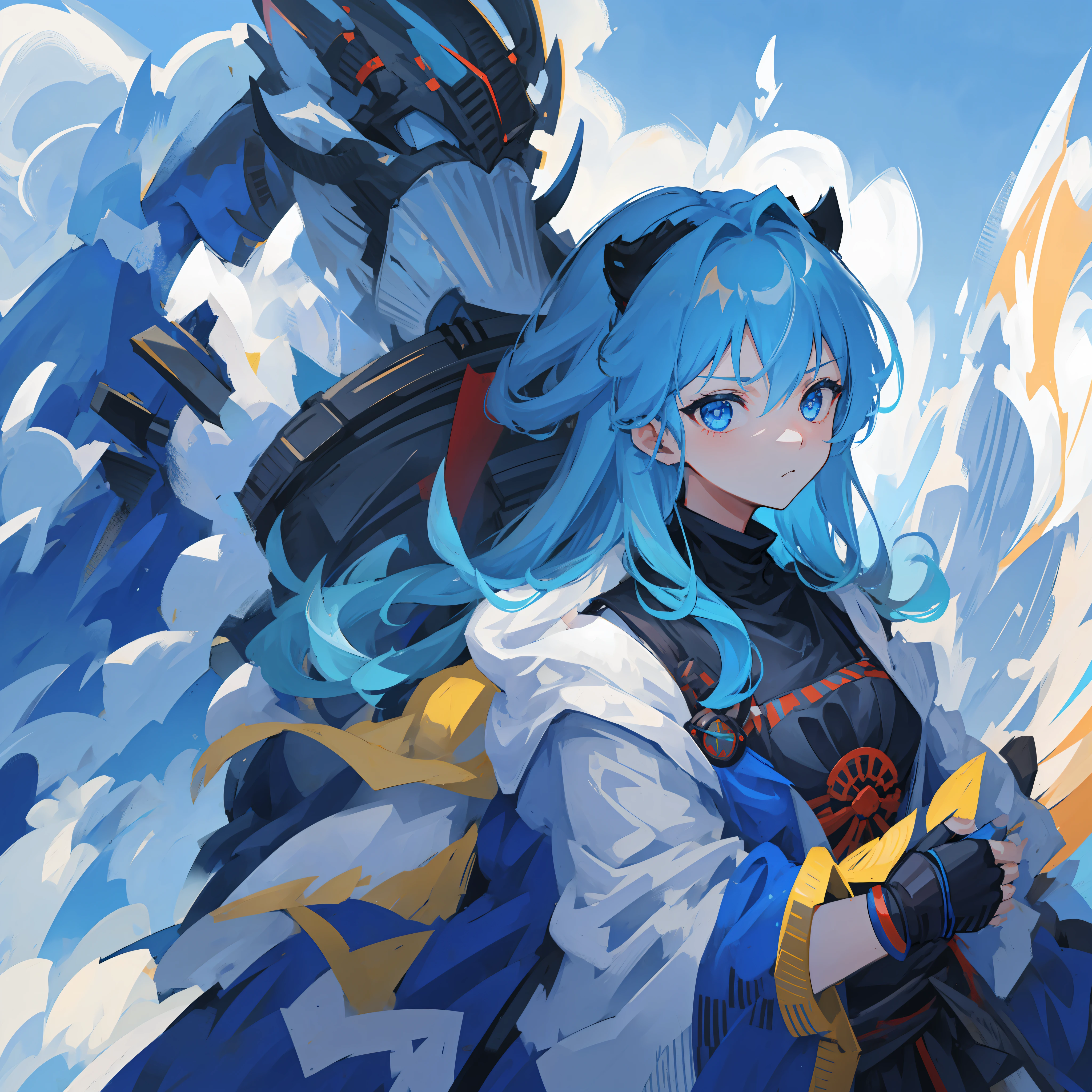 Girl, long sky blue hair, dark blue eyes, fierce expression, katana, samurai armor