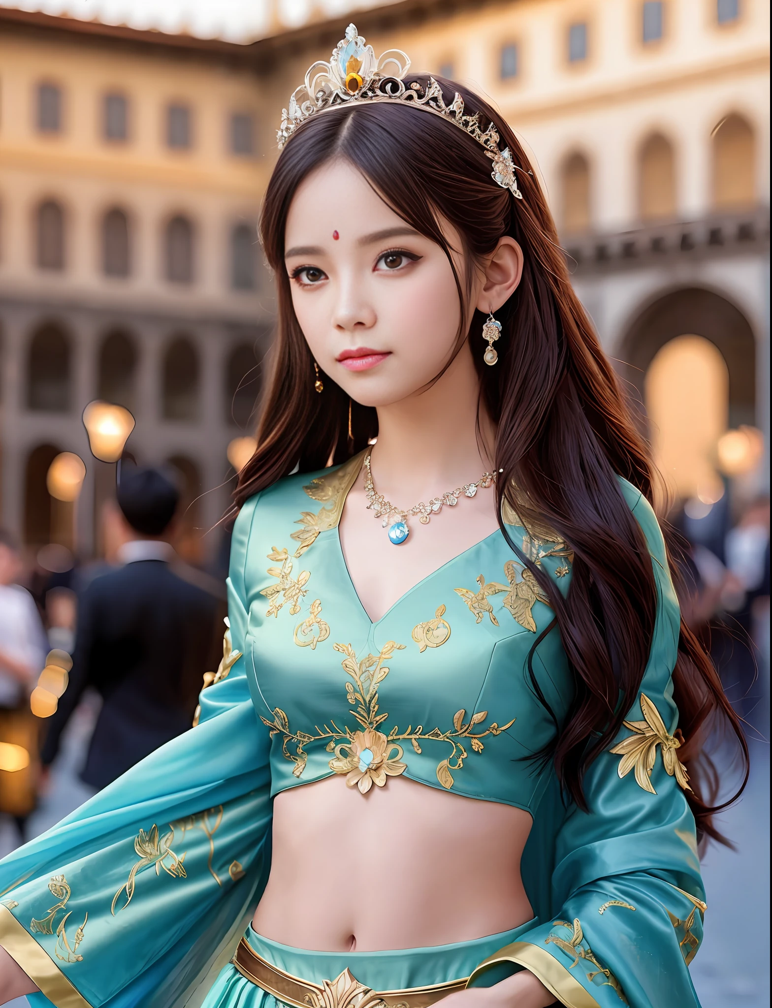 Model shooting style, (extremely detailed CG Unity 8k wallpaper), full-shot body photo of the most beautiful artwork in the world, stunning beautiful photo realistic available, super realistic super detailed photo, a beautiful girl as a female dancer on the streets of Florence, navel, complex dress, banquet, crowd, [slight smile], (Palazzo Vecchio and Piazza della Signoria background), (princess eyes, shining pupils), detailed symmetrical beautiful hazel eyes, detailed gorgeous face, highly detailed, Vibrant, professional majestic oil painting by Ed Blinkey, Atey Ghailan, Studio Ghibli, Jeremy Mann, Greg Manchess, Antonio Moro, ArtStation Trends, CGSociety Trends, Complex, High Detail, Sharp Focus, Dramatic, Realistic Painting Art, by Midjourney and Greg Written by Rutkowski