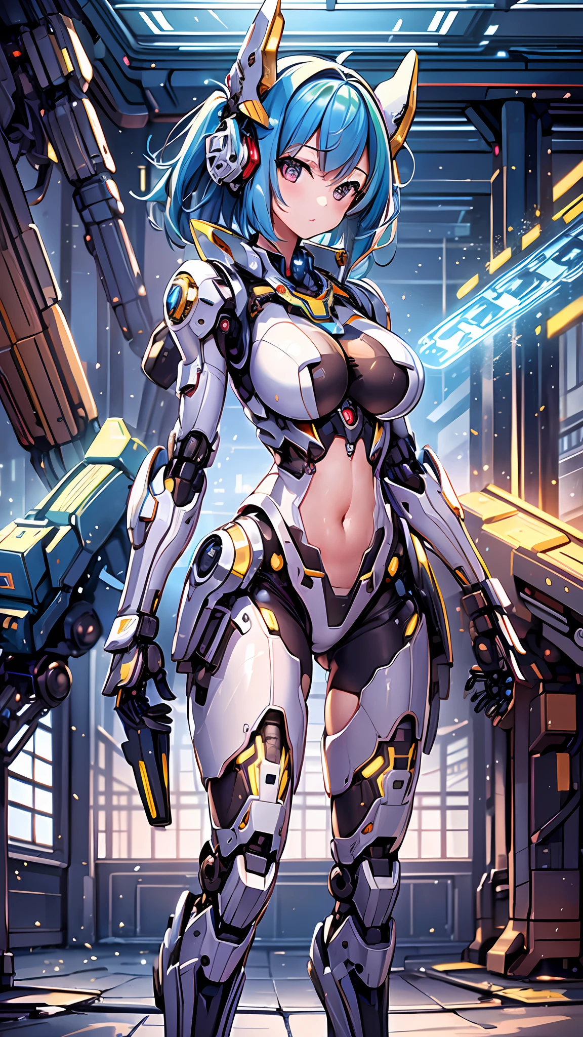 ((Masterpiece, Best Quality)), illustration, ultra-detailed 8K, realistic, clear focus, highly detailed, professional lighting, colorful details, rainbow colors BREAK factory super long shot, (1 large mechanical robot), microchip, computer, luminescence, intricate details, shitu-mecha, 1girl downscale standing in front of the viewer, navel