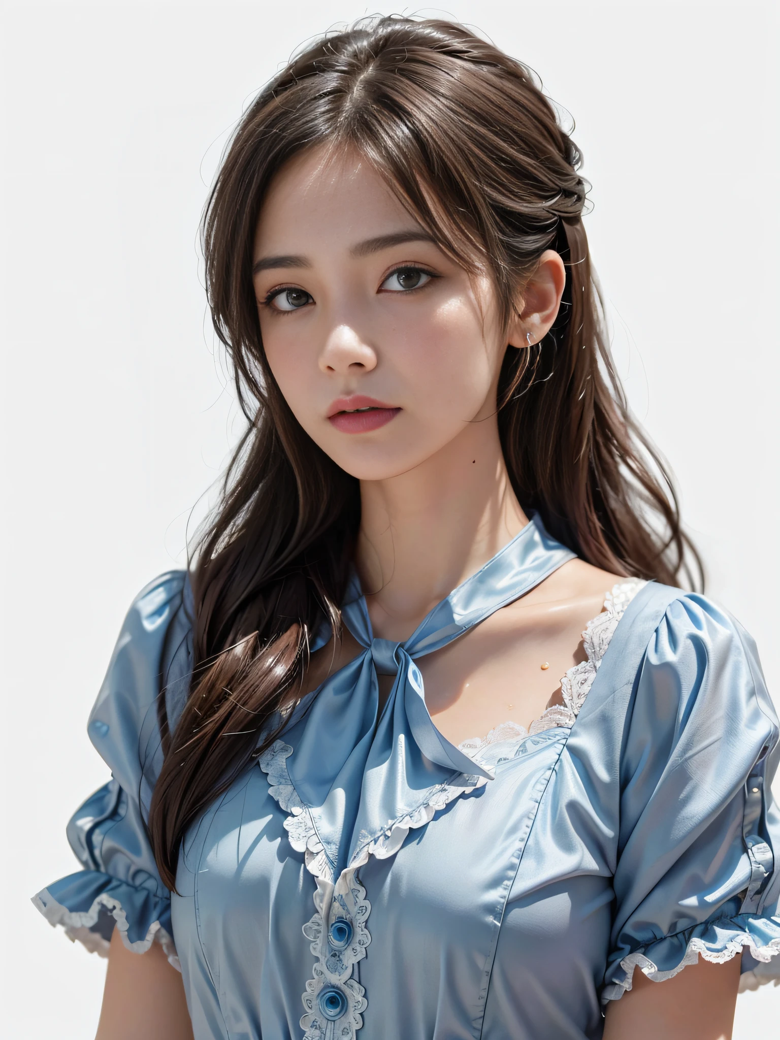 dressed, (photorealistic: 1.4), (hyperrealistic: 1.4), (realistic: 1.3), (smooth lighting: 1.05), (cinematic lighting quality improvement: 0.9), 32K, 1 girl, Japan woman, realistic lighting, backlit, face lights, ray tracking, (bright light: 1.2), (quality improvement: 1.4), ( Realistic textured skin of the highest quality: 1.4), fine detailed eyes, detailed face, fine quality eyes, brown eyes, (moist light pink lips that reflect wet and light), (tired and sleepy and satisfied: 0.0), blue floral blue silk blouse with ruffles and lace, ribbon ties with thin strings, dark brown hair, short cropped bangs hanging on the forehead, blue hair band, One adult woman with faint smile (isolated on white background)
