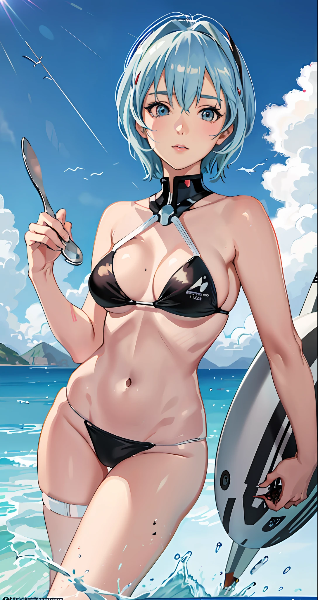 a cartoon picture of a woman in a bikini with a spoon, rei ayanami, electronic bikini, is wearing a swimsuit, ayanami, rogue anime girl ayanami rei, seductive anime girl, perfect android girl, biomechanical oppai, swimsuit, bathing suit, rem rezero, realistic bikini, futuristic white-space-bikini, monokini, wearing a bikini
