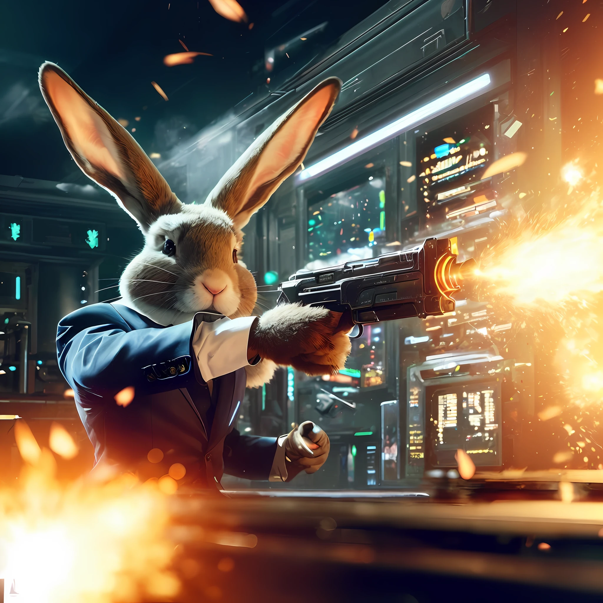 a close up of a rabbit in a suit shooting a gun, wojtek fus, electrixbunny, epic action shot, bad bunny, bunny suit, hyper realistic content, cinematic action shot, hyper real render, cyborg jackalope cyberpunk, hyperrealistic content, hyper-realistic render, hyper - realistic render, lagus the thieving bunny, by John La Gatta