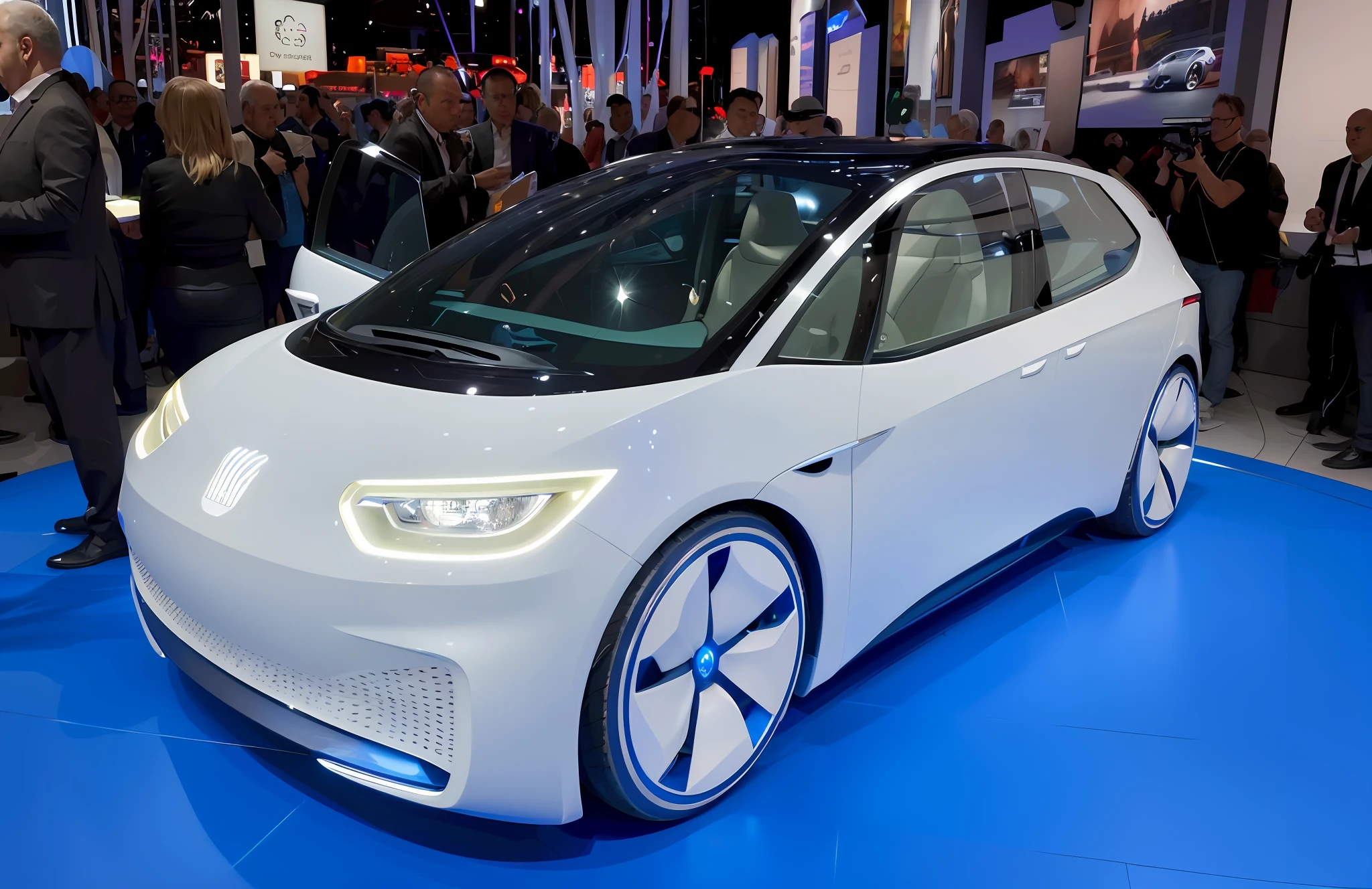 arafed white car on display at a show with people looking on, concept car, hydrogen fuel cell vehicle, car with holographic paint, future tech, futuristic concept car, futuristic cars, futuristic product car shot, full view of a car, concept ar, trending on vehicle design, future technology, futuristic car, photograph credit: ap, concept, very futuristic