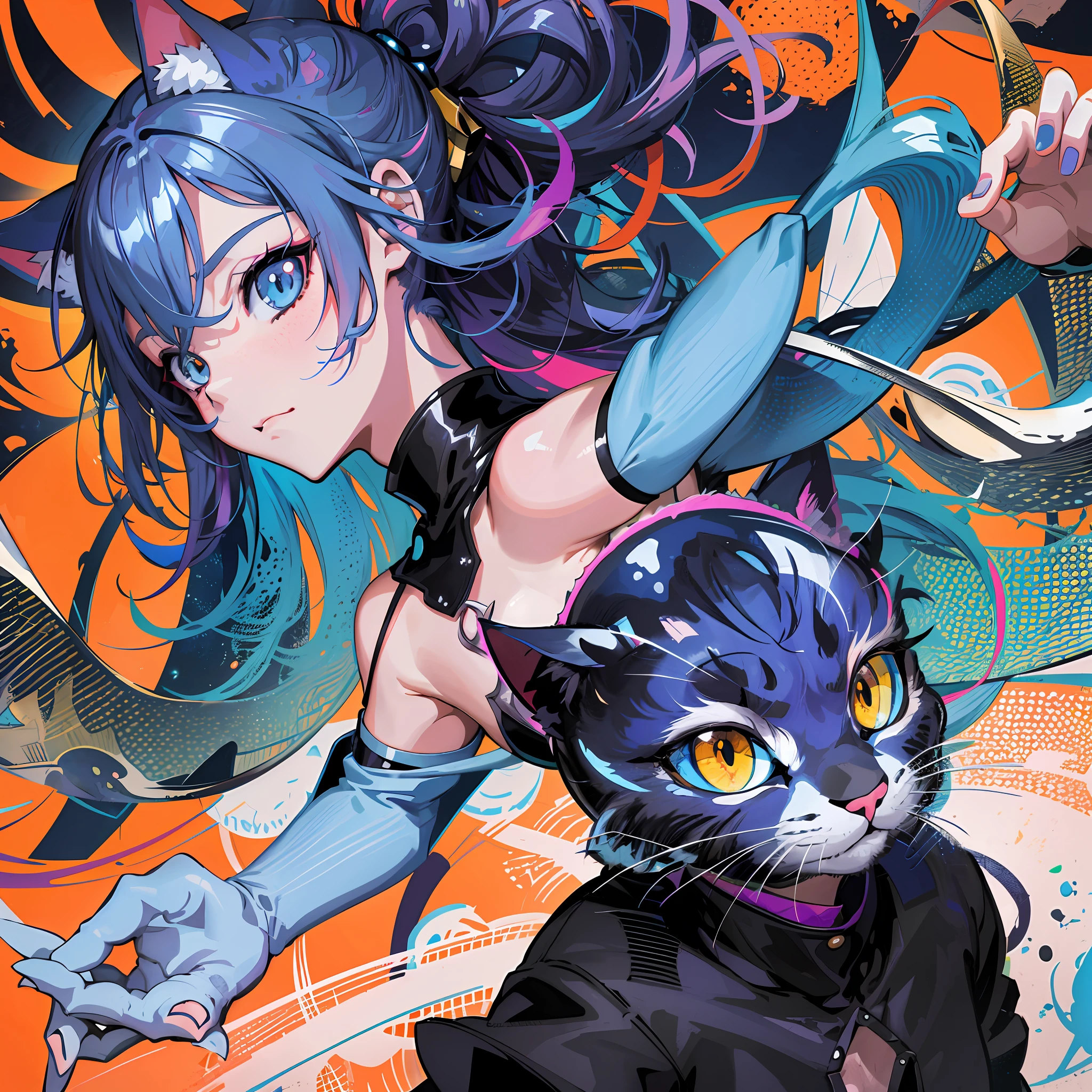 anime girl with blue hair and black cats on orange background, official anime artwork, anime style 4 k, anime style illustration, cat girl, anime style artwork, trending anime artwork, digital anime illustration, high detailed official artwork, anime illustration, jazza and rossdraws, clean detailed anime art, very beautiful anime cat girl, trending anime art, anime catgirl