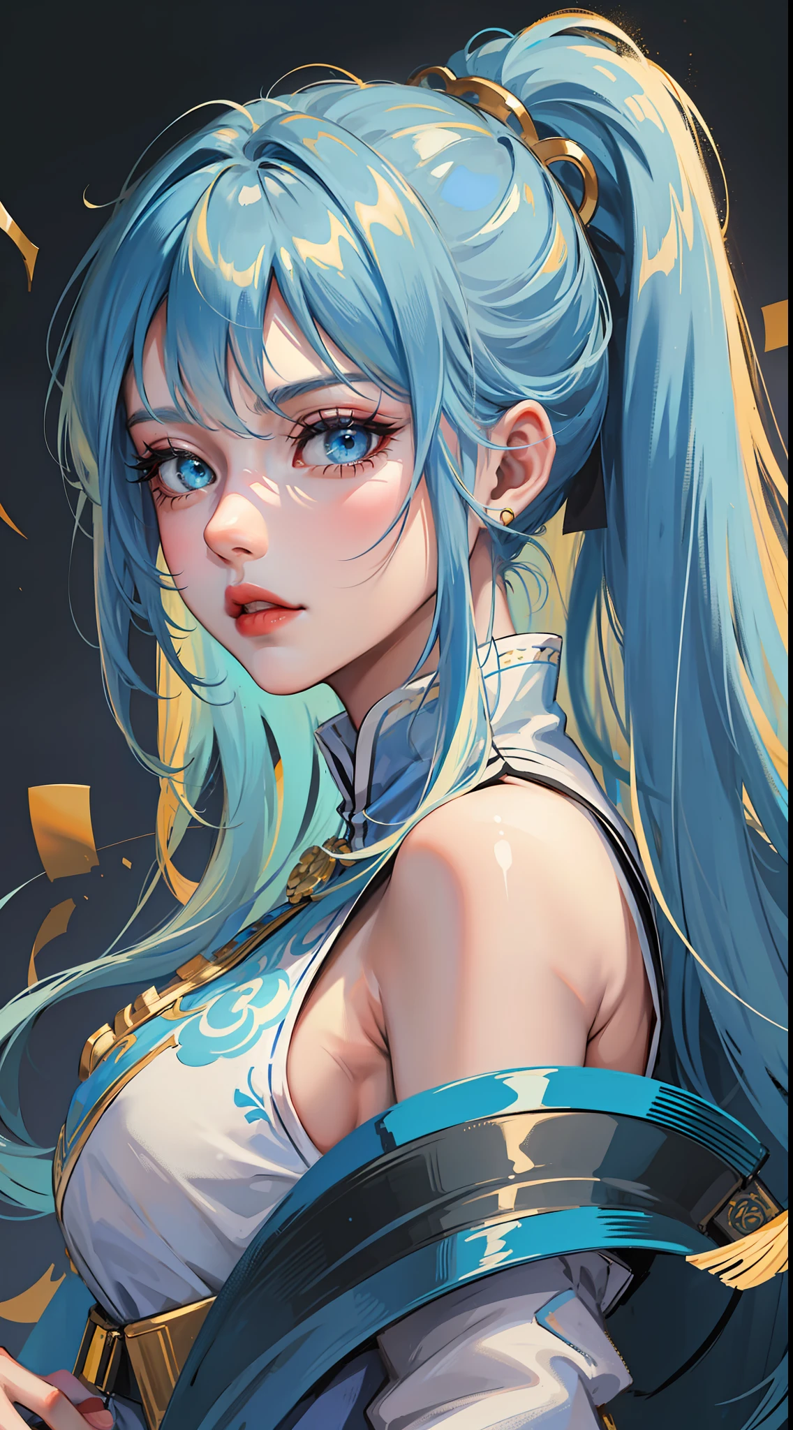 Adult girl, long blue hair with white strands, high ponytail, cyan eyes, blue and white sleeveless Chinese dress, fan, gold jewelry, serious look, security guards, masterpiece, high quality